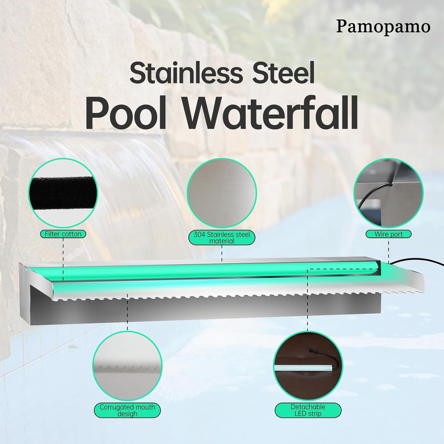 Pond Waterfall Spillway Stainless Steel Pool Fountain, APP Control LED Lighted Waterfalls Kit, Outdoor Water Flow Waterfalls Kit for Garden Patio Koi Pond Decoration-35.4"x7.8"x3.9"