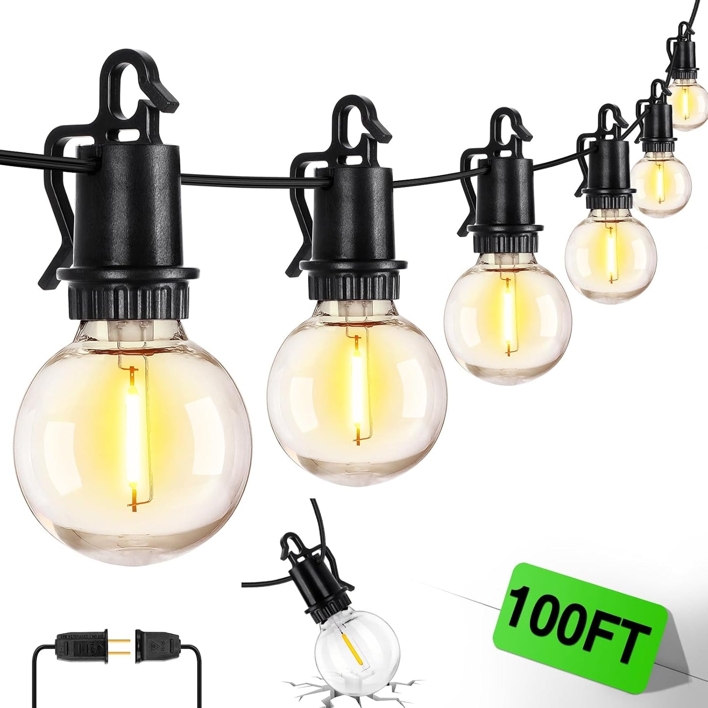 ZJOJO 100FT Outdoor String Lights, G40 Globe Outdoor Lights with 50 Shatterproof LED Bulbs (3 Spare), IP65 2700K Hanging Waterproof Patio Light String Lights for Outside Backyard Porch Party