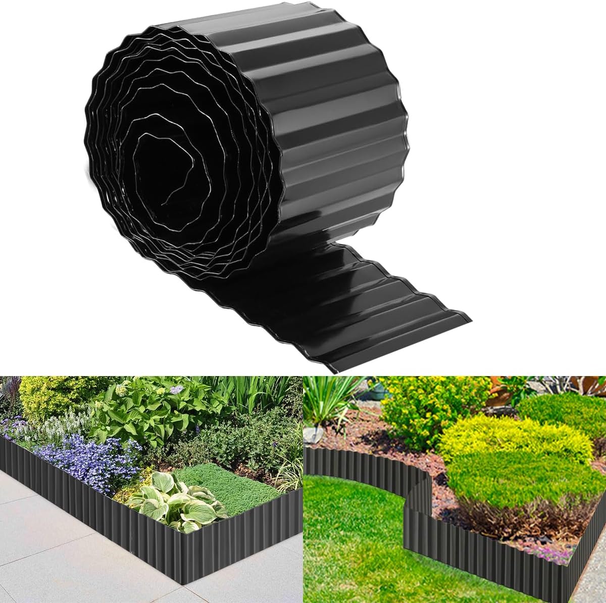 Landscape Edging Border 6inch x 20ft- Corrugated Metal Garden Edging - Lawn Edging Borders - Galvanized Edging Long Strips Yard Border for DIY Flower Beds, Plants, Walkways-Black