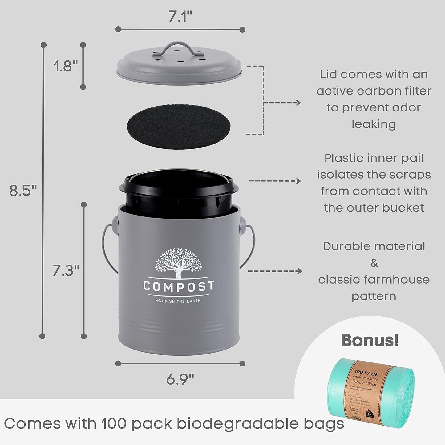 Perfnique Kitchen Compost Bin, 1.3 Gallon Countertop Compost Bin with Lid, Indoor Compost Bucket Includes Inner Bucket Liner and Carbon Filter, Small Compost Bin with Trash Bags (with Bags, Grey)