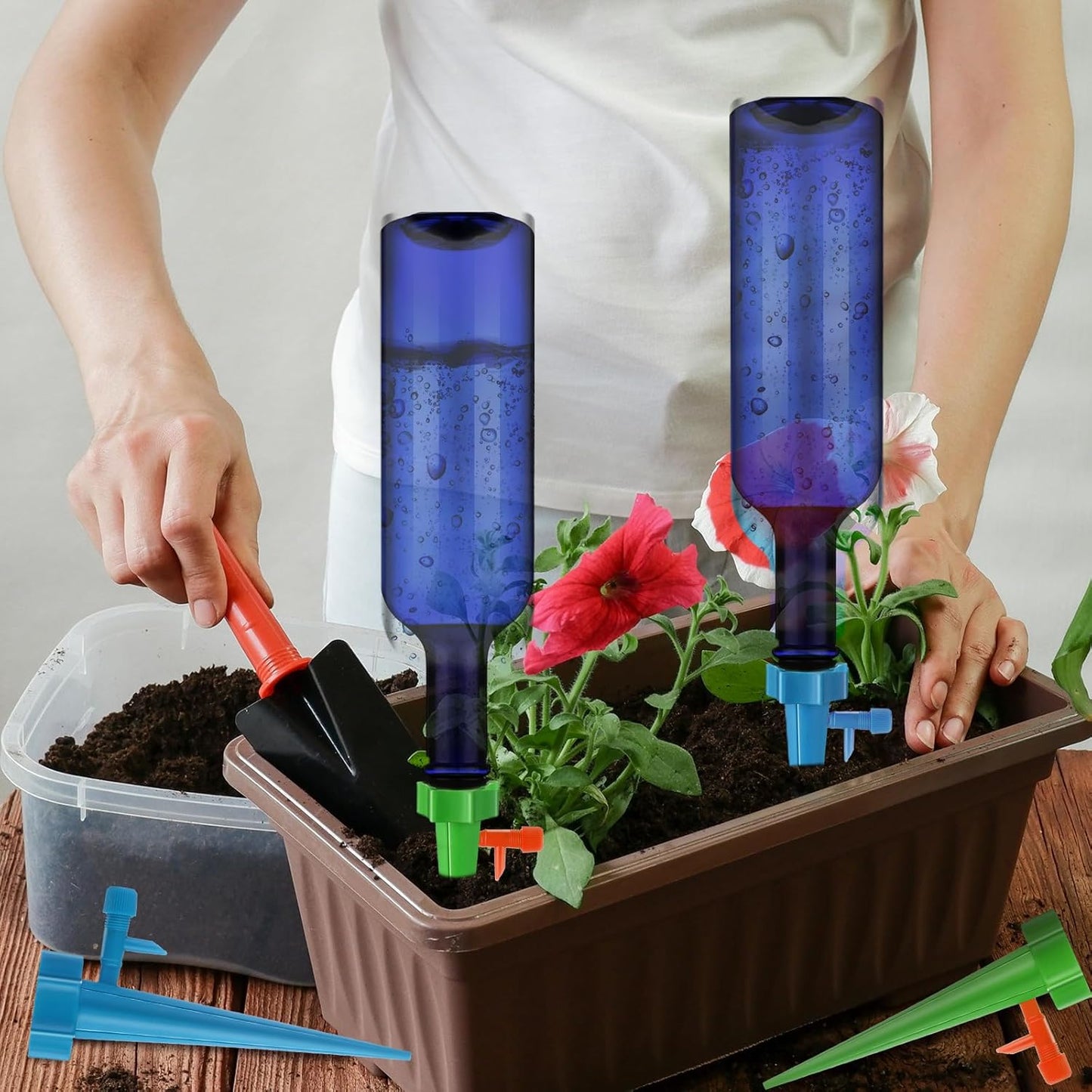 Plant Watering Devices with Self Watering Spikes and 26 oz Plastic Bottles Plant Waterer Devices with Adjustable Control Valve Switch Indoor Outdoor