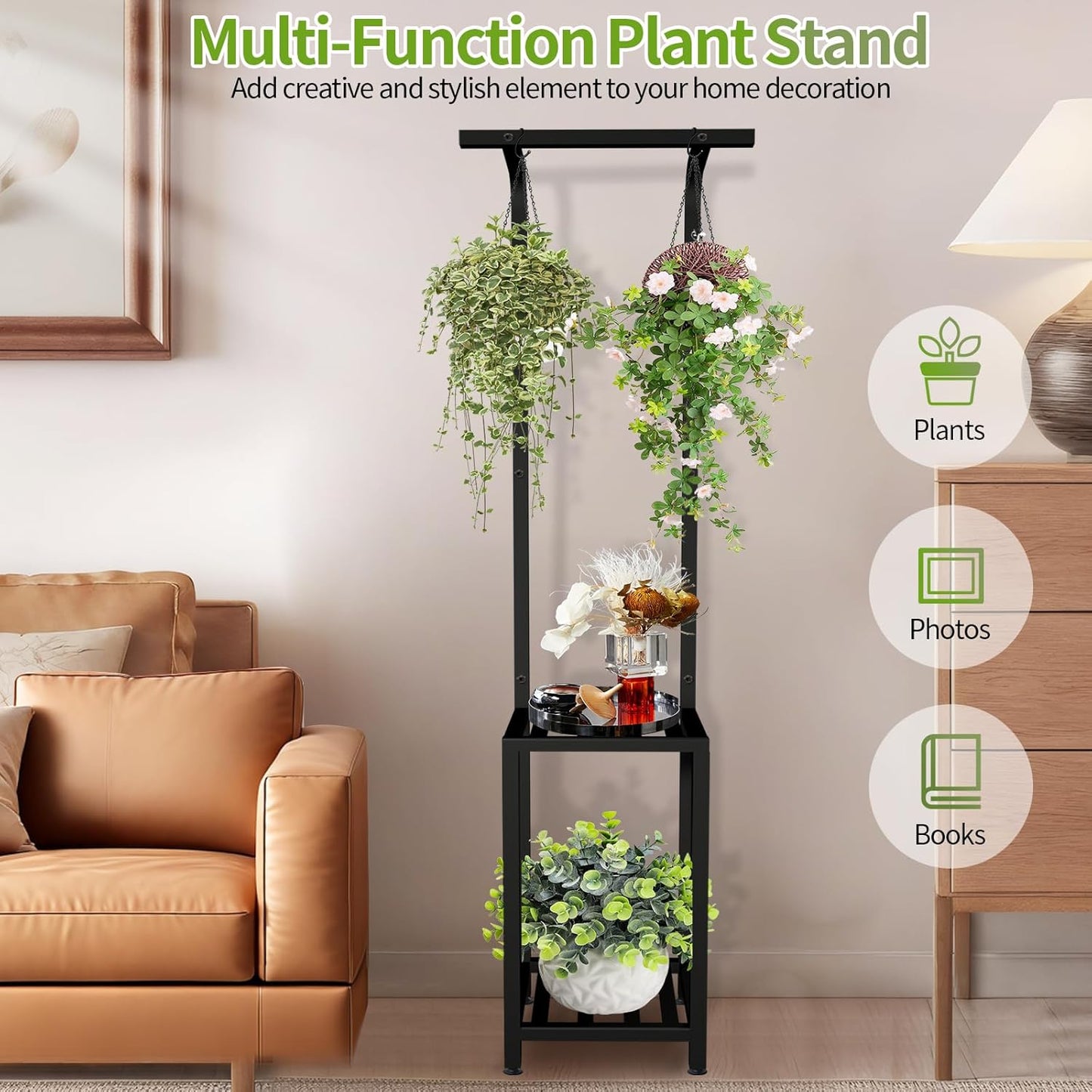 Plant Stand Indoor Outdoor, 65" Tall Plant Stand Outdoor 3 Tiered Hanging Plant Shelf Heavy Duty Flower Stand Multiple Plant Metal Display Rack for Living Room Garden Balcony