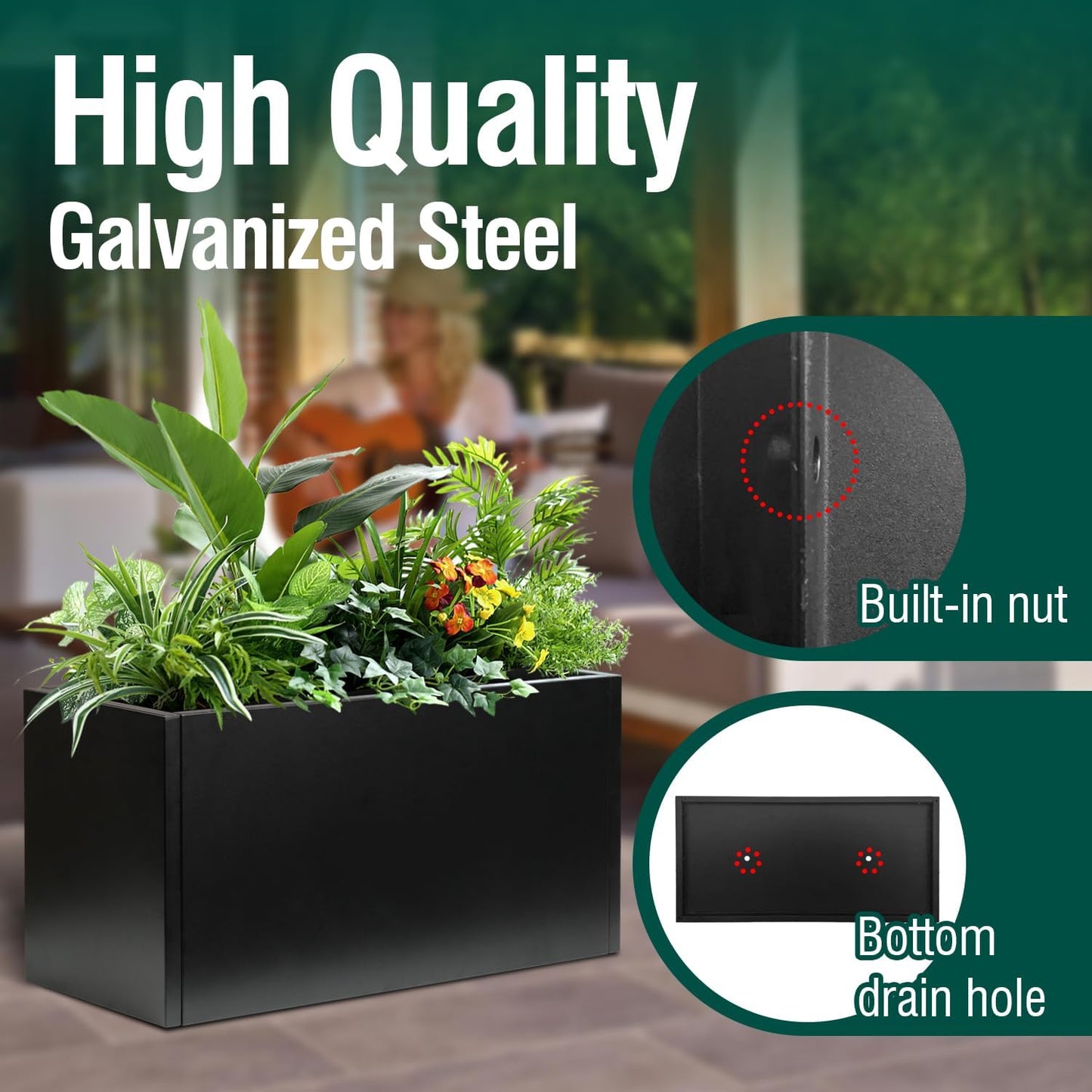 Galvanized Steel Metal Planter Rectangular Indoor Black Planter Box Large Outdoor Planters Steel 25" Lx 11" W x 13" H Commercial Residential for Patio, Deck, Garden