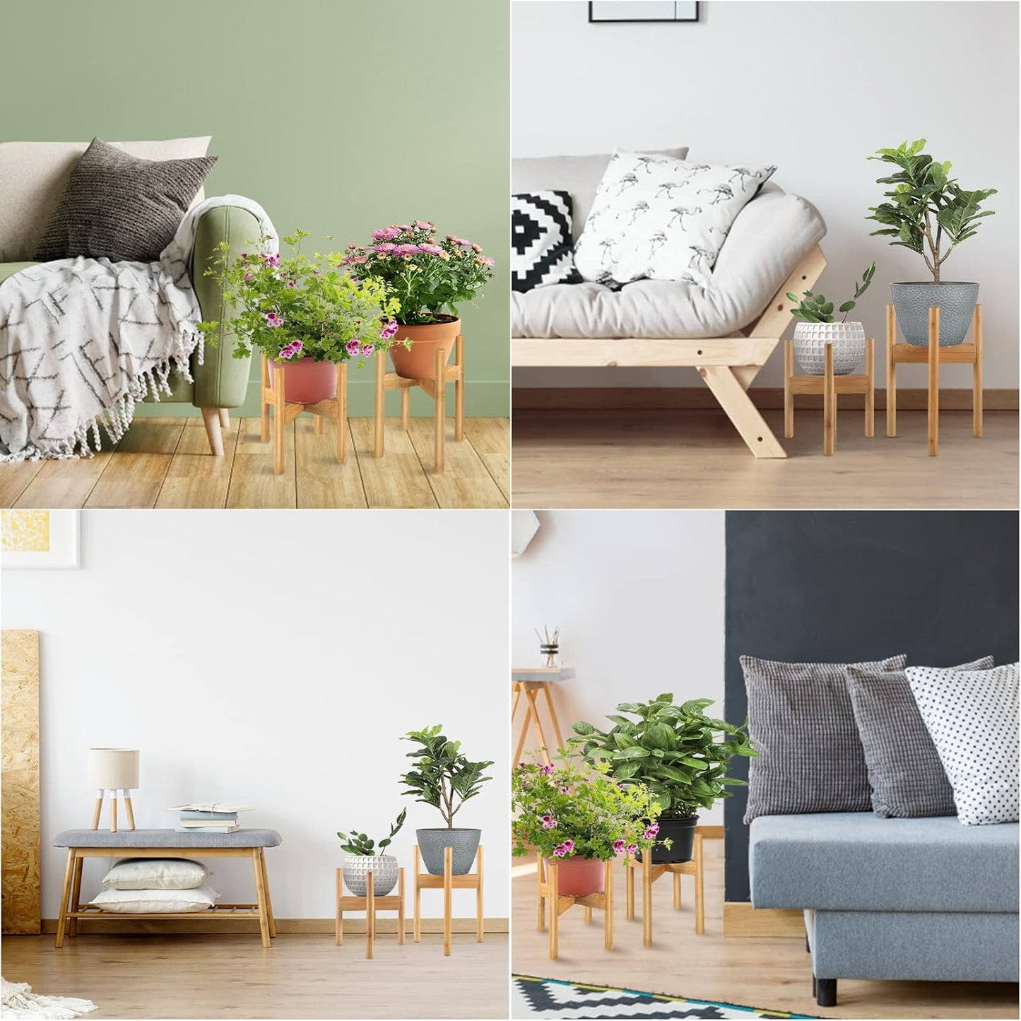 FJO 2Pcs Adjustable Plant Stand Indoor - Bamboo Plant Stands, Bamboo Mid Century Modern Plants Stands, Plant Holder for Living Room Fits 8 to 12 Inches Pots(Pot & Plant Not Included) (Natural)