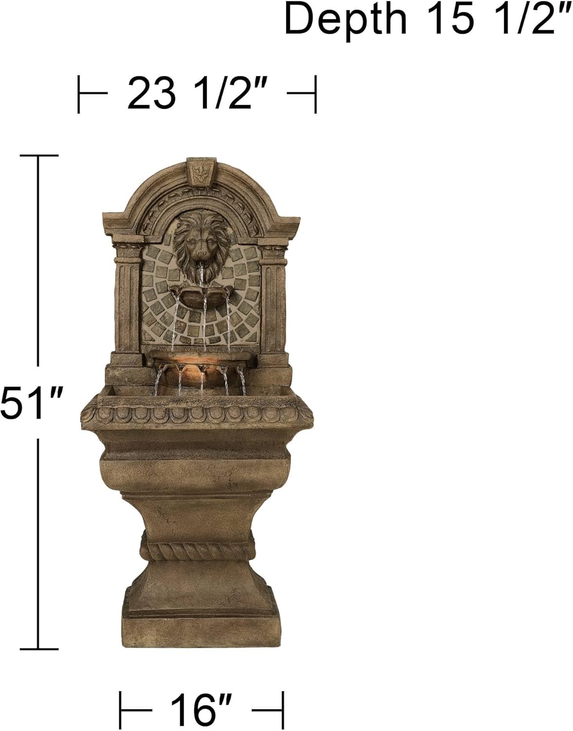 Royal Lions Head 51" High Large Italian Outdoor Decor Faux Stone Floor Fountain with Light Statue Waterfall Standing Tiered Water Feature for Outside Garden Patio Yard Backyard Porch - John Timberland
