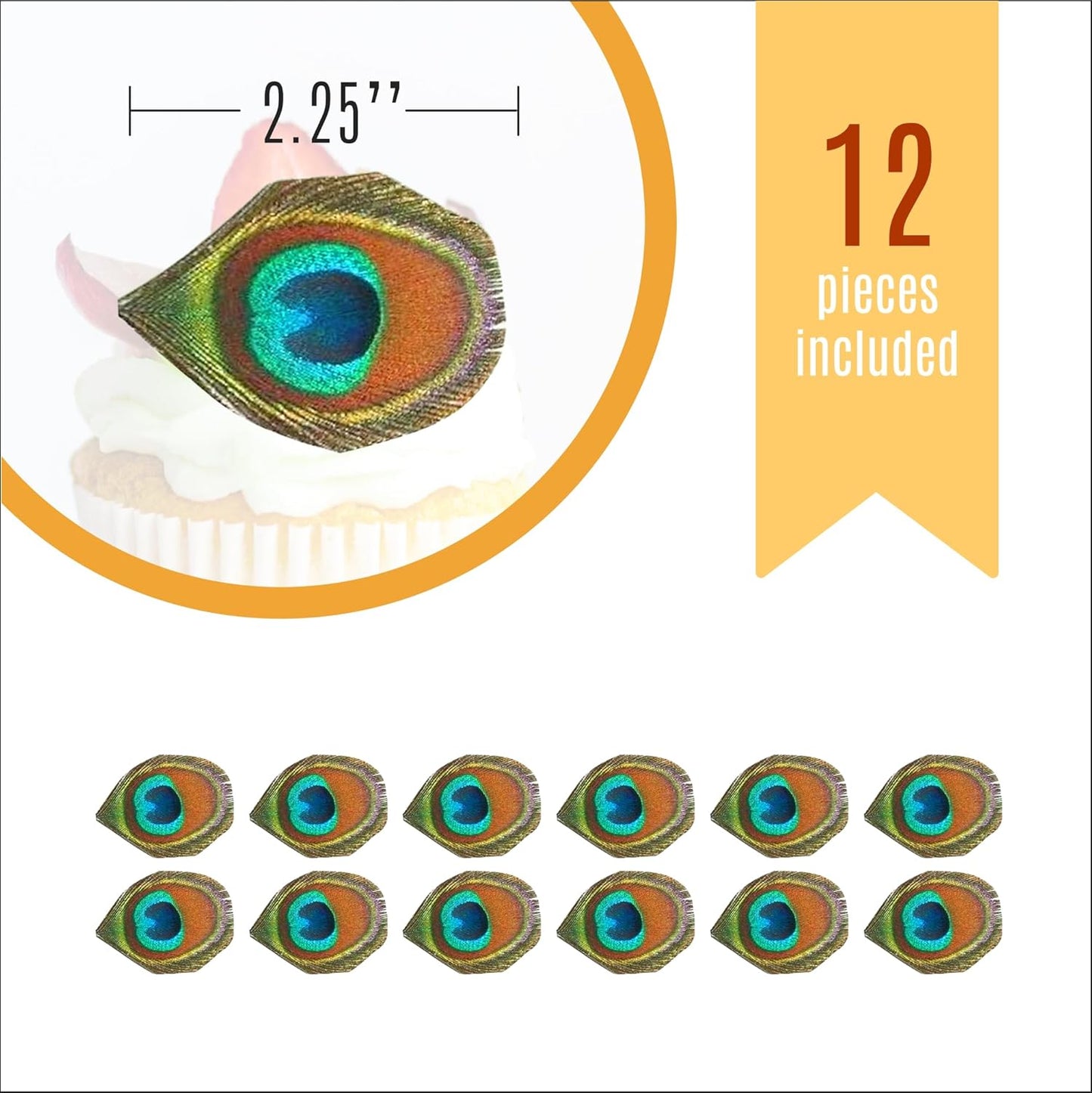 Edible Peacock Feathers - Set of 12 - Cake Decorations, Cupcake Topper