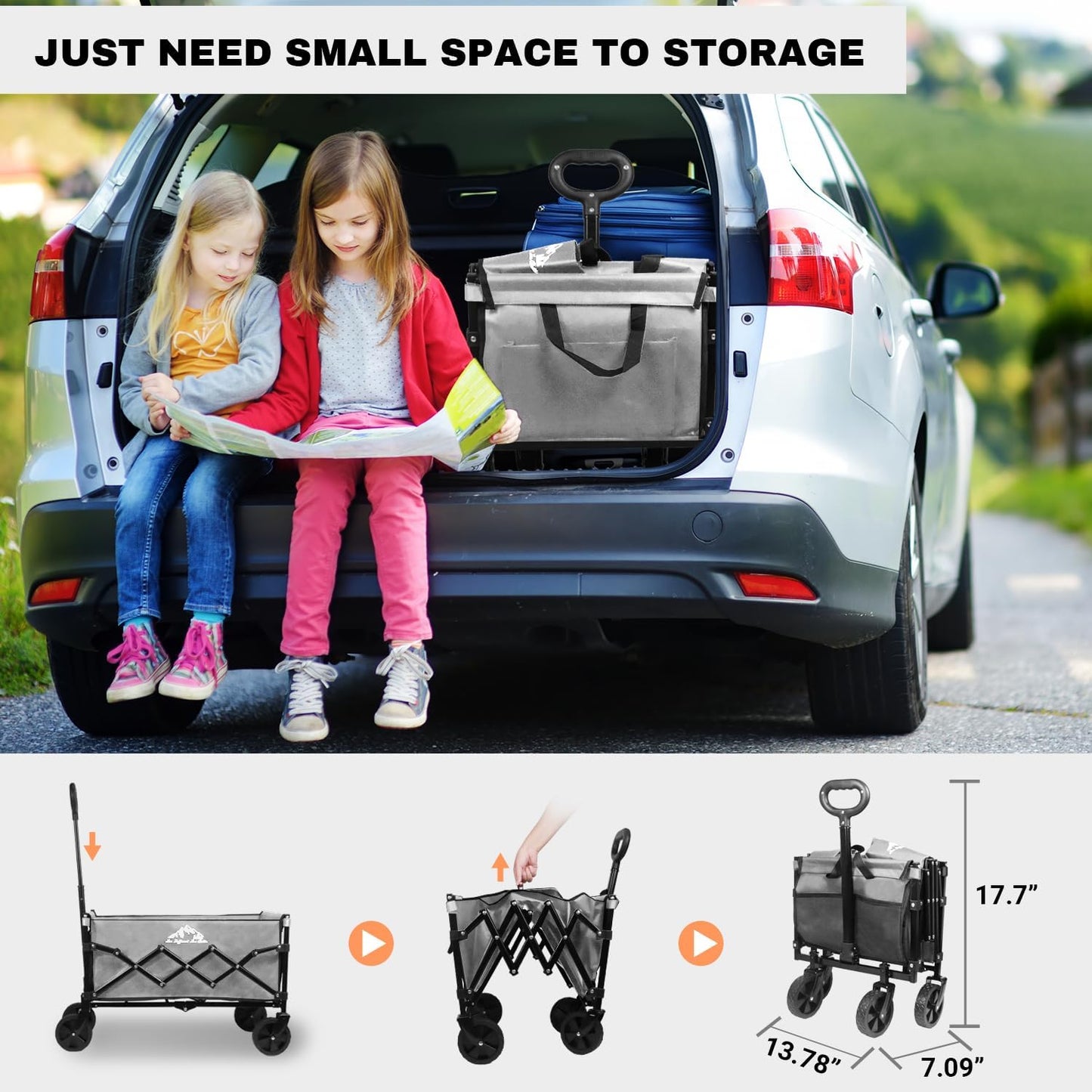 Collapsible Wagon 352LBS Capacity, Foldable Large Carts, Heavy Duty Outdoor Folding Cart with All-Terrain Wheels, Utility Garden Beach Wagon with Storage Bag Green