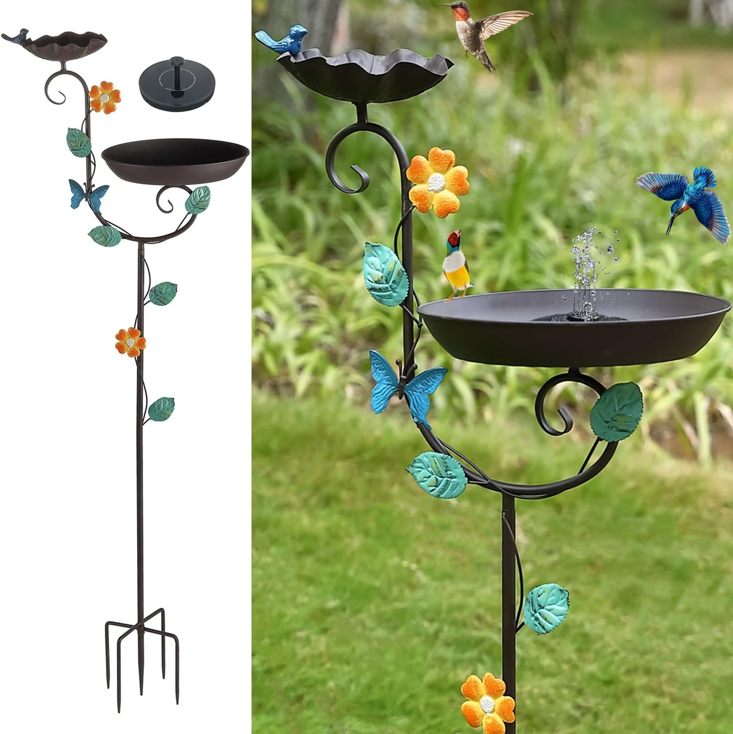 Free Standing Solar Bird Bath, 58" Tall Decorative Birdbath and Feeder Combo, Stake Bird Baths for Outdoors with Solar Fountain, 5 Spikes Floral Accent Birdbaths for Garden Patio Yard Lawn