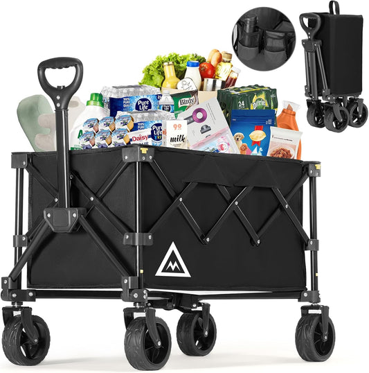 Wagon Cart Shopping Foldable Folding Collapsible with Wheels Big On Beach Garden Outdoor Grocery Heavy Duty Utility All Terrain Portable Wagons Carts for Groceries Sand Camping Sports Black