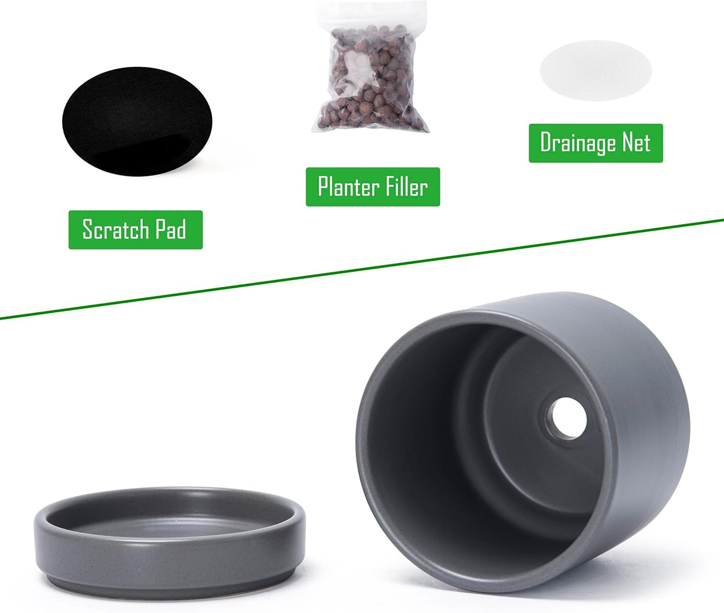 D'vine Dev 4.7 Inch Ceramic Planter Pot with Drainage Hole and Saucer, Indoor Cylinder Round Planter Pot, Grey, 94-O-B-3