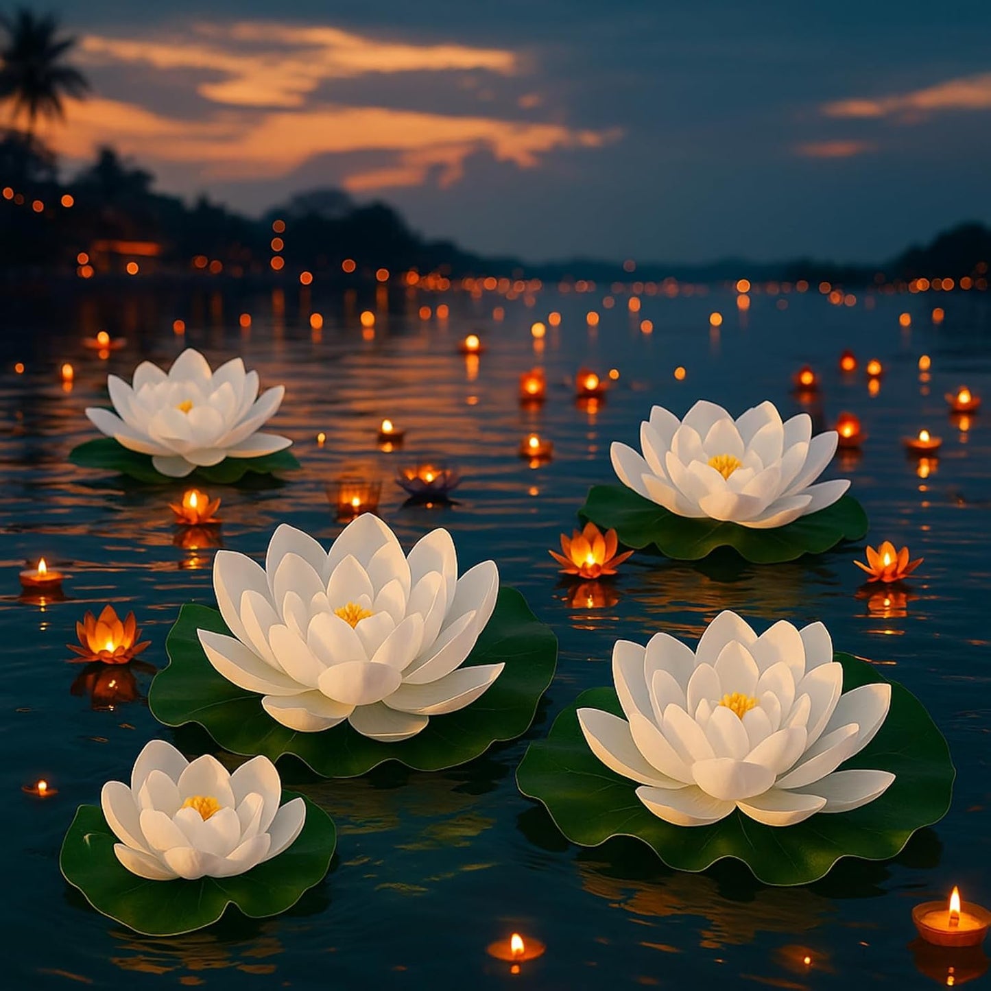 Yunlly 24 Pcs Floating Foam Lotus Flower with Water Lily Pads Artificial Floating Pool Flowers Lifelike Pond Accessories Floating Pool Decorations for Home, Garden Aquarium Party Wedding Decor, White