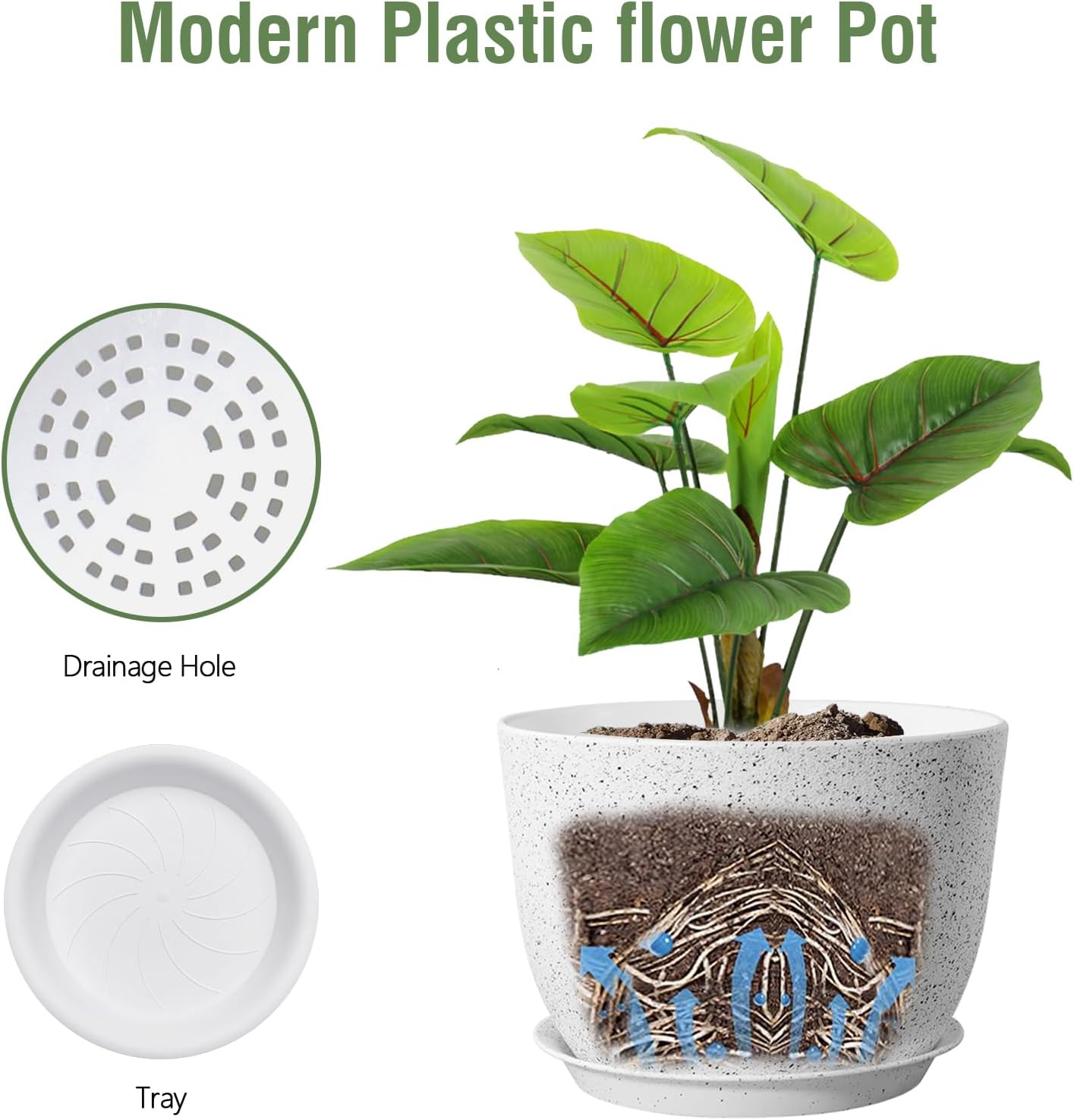 Plant Pots 12 inch, Plastic Planters with Drainage Holes and Saucers, Large Flower Pots for Indoor Outdoor Plants, Modern Decorative Pots for Garden House Plants, Speckled White