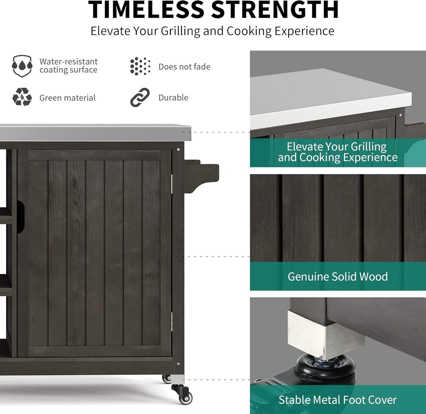 YITAHOME Solid Wood Patio Bar Table XL Outdoor Storage Cabinet Bar Table with Spice Rack and Lockable Wheels, Portable Outdoor Kitchen Island for Patio, Garden, Porch, Balcony, Brown