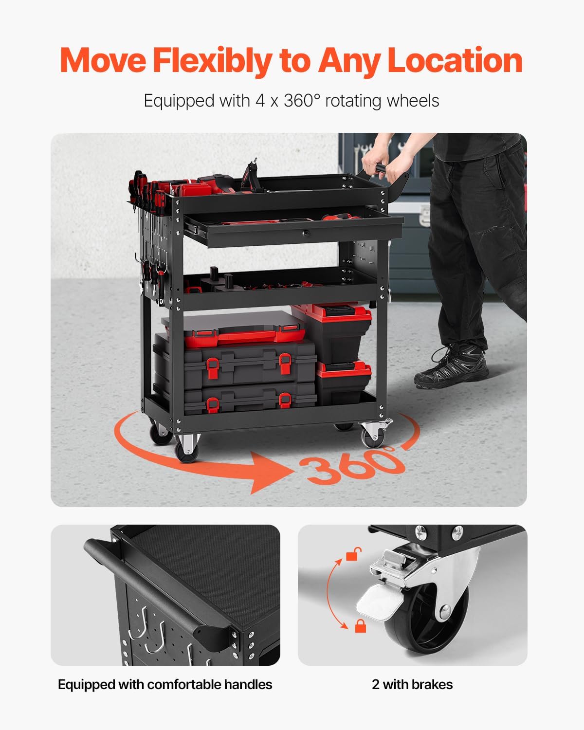 VEVOR 4-Tier Tool Cart with Wheels, 350 lbs Load Capacity, Rolling Work Cart with Drawer & Pegboard, Mechanic Tool Storage Organizer with Locking System for Garage, Warehouse and Repair Shop, Black