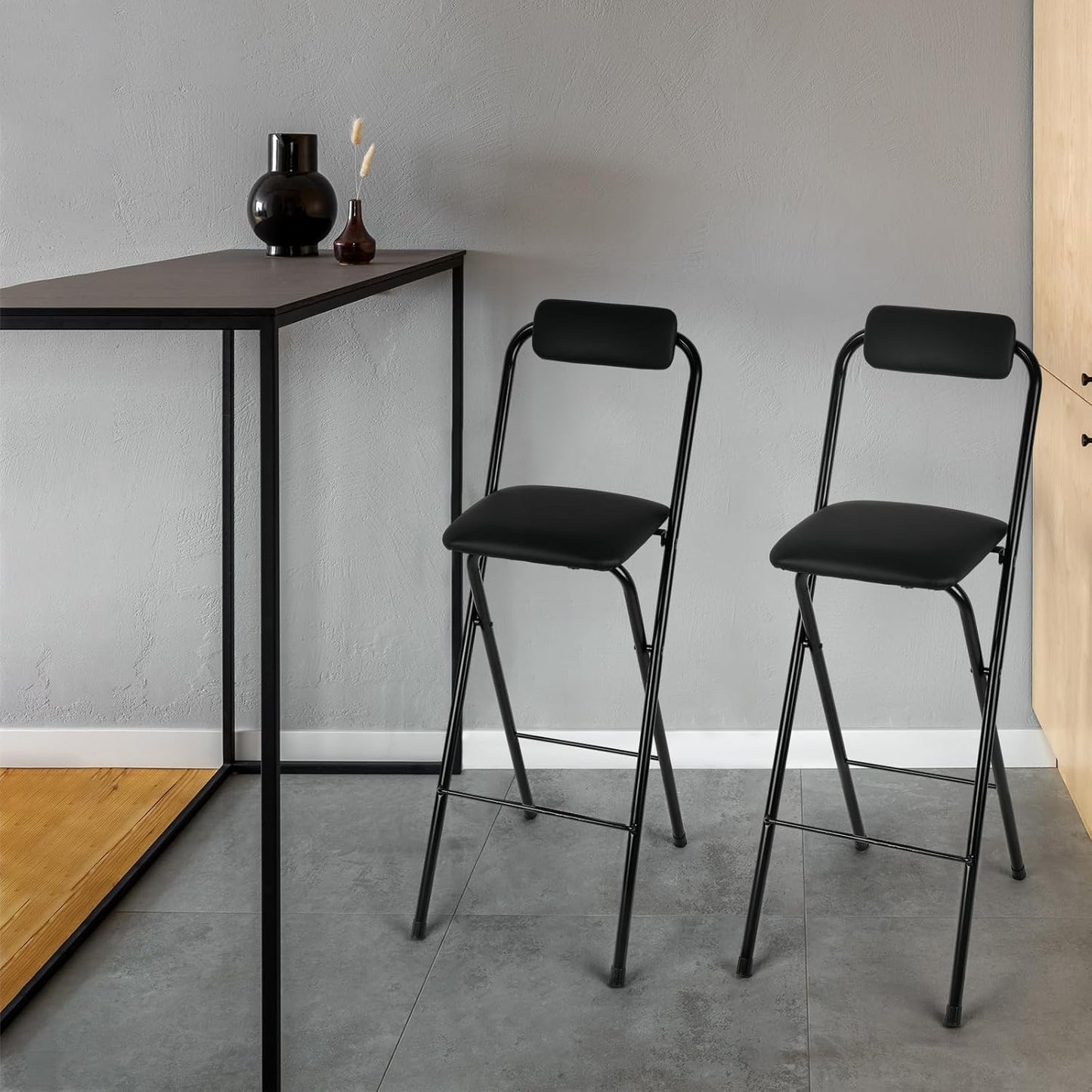 Thyle 2 Pcs Folding Bar Stool with Backrest, Tall Foldable Stool Chair Portable High Folding Bar Chair Counter Height Seat Leather Padded for Kitchen Island Shop Cafe Dining Room Black (29.5 Inch)
