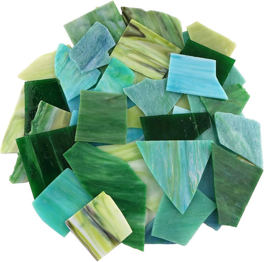 Lanyani Green Mixed Stained Glass Scrap Pieces Sheets, Glass Mosaic Tiles for Art Crafts, 35oz Value Pack,Assorted Colors and Textures