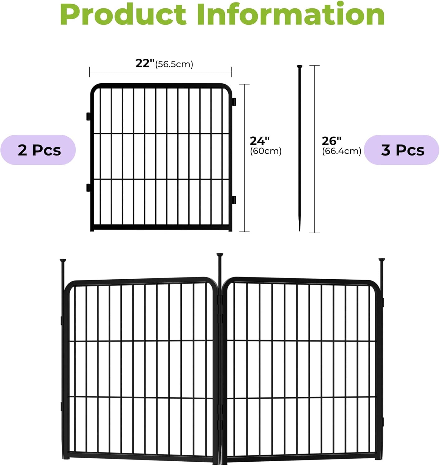 Doorless Garden Fence 24 in(H) x 3.7 ft(L) 2 Panels, Heavy Duty Metal Animal Barrier Fence, No Dig Fence for Dogs, Rabbit Fence for Garden, Black