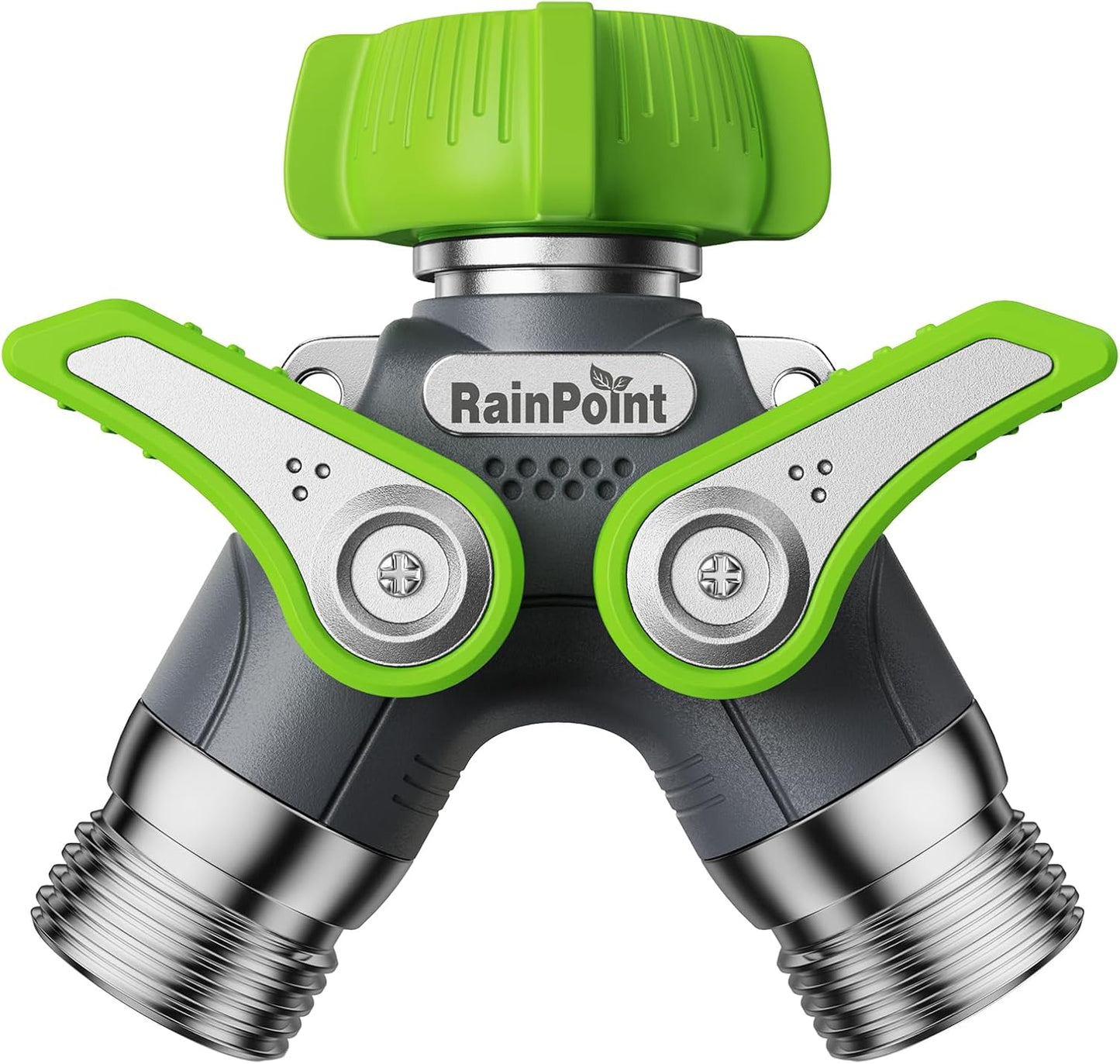 RAINPOINT Garden Hose Splitter, 2 Way Heavy Duty Water Hose Y Spigot Splitter with Shutoff Valves, 100% Metal Body Outdoor Faucet Splitter, 1.9" Extra Long Metal Handle, 3/4" GHT Thread (2, Green)