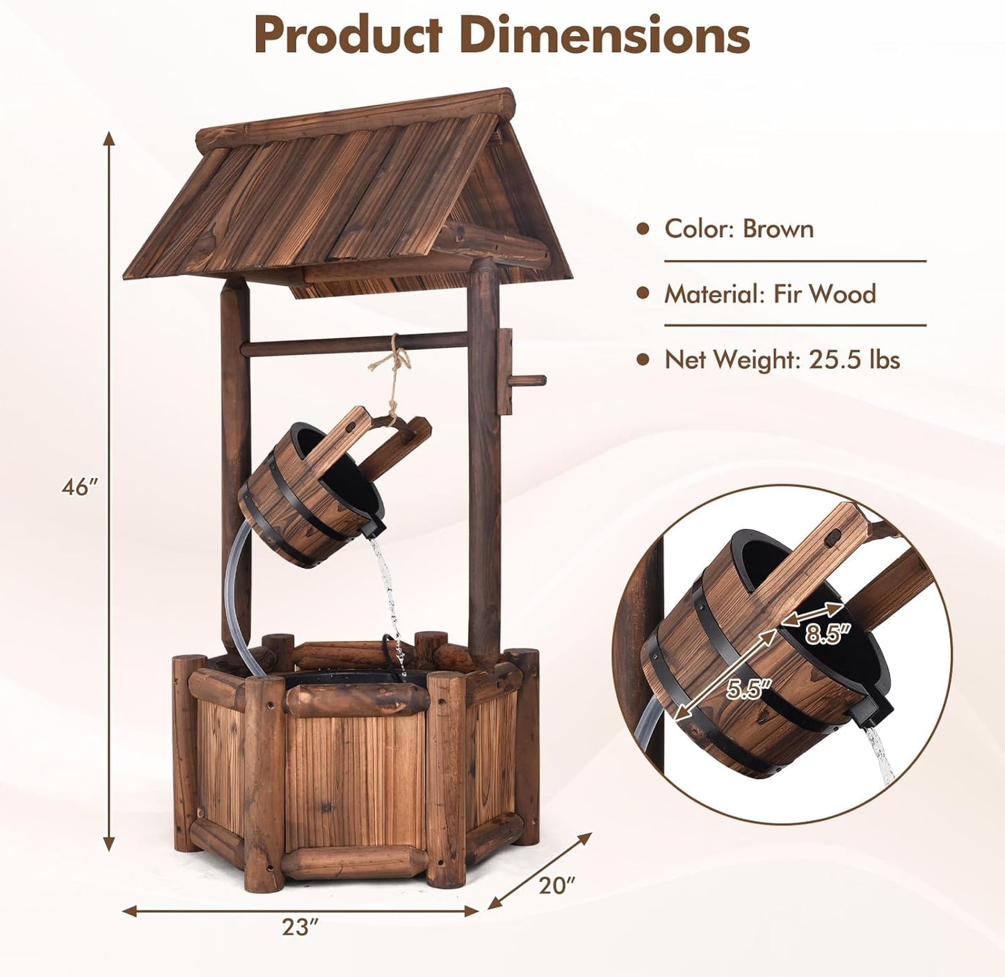 Tangkula Outdoor Wishing Well Water Fountain, Old-Fashioned Wood Waterfall Fountain w/Bucket Pump, Rustic Farmhouse Decoration for Garden, Backyard, 46 Inch Tall (20" x 23" x 46")