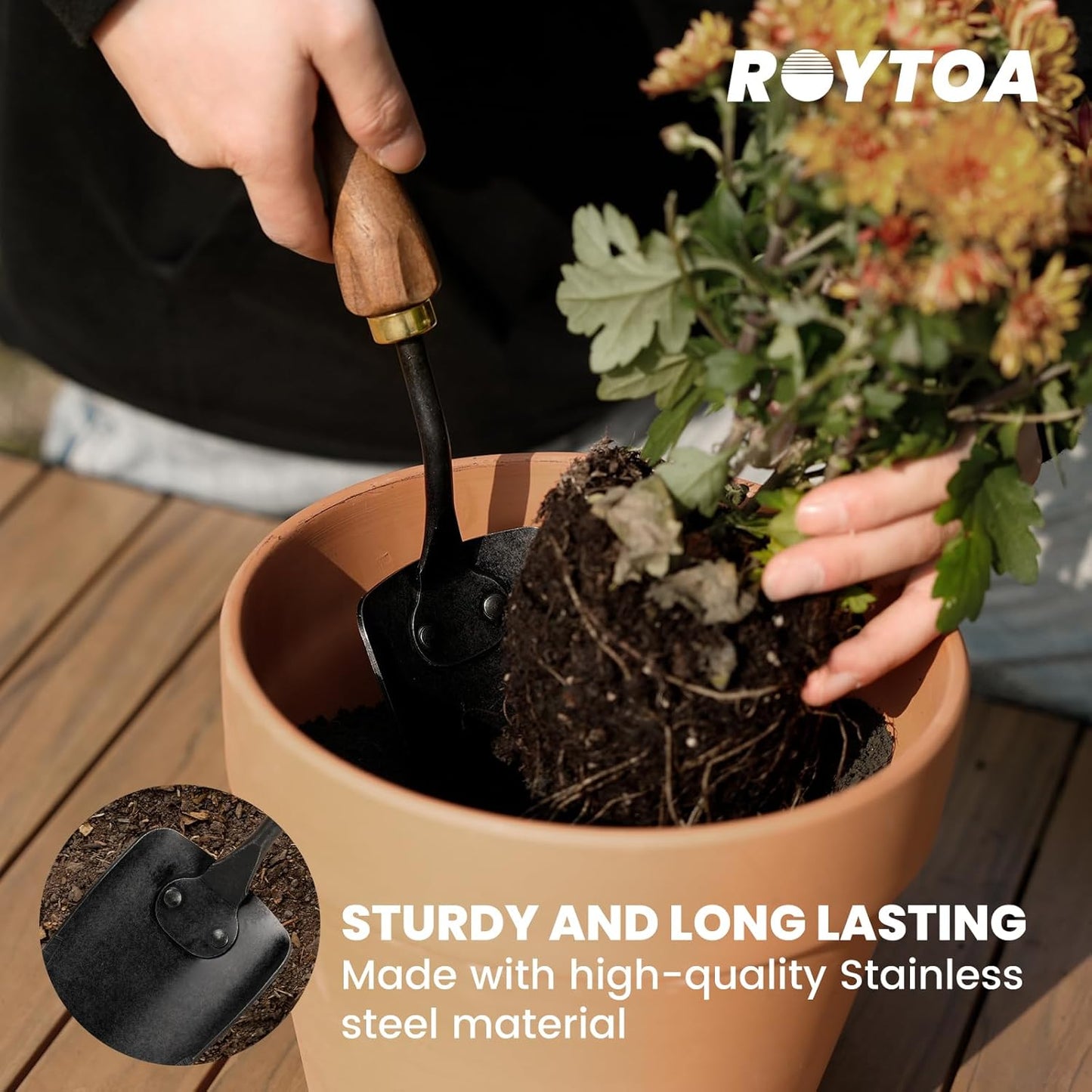 Garden Tool Set, 5PCS Gardening Tools, Stainless Steel Heavy Duty Hand Cultivator, Hoes, Shovel, Trowel and Weeder with Ergonomic Walnut Handle, Gardening Gifts for Women