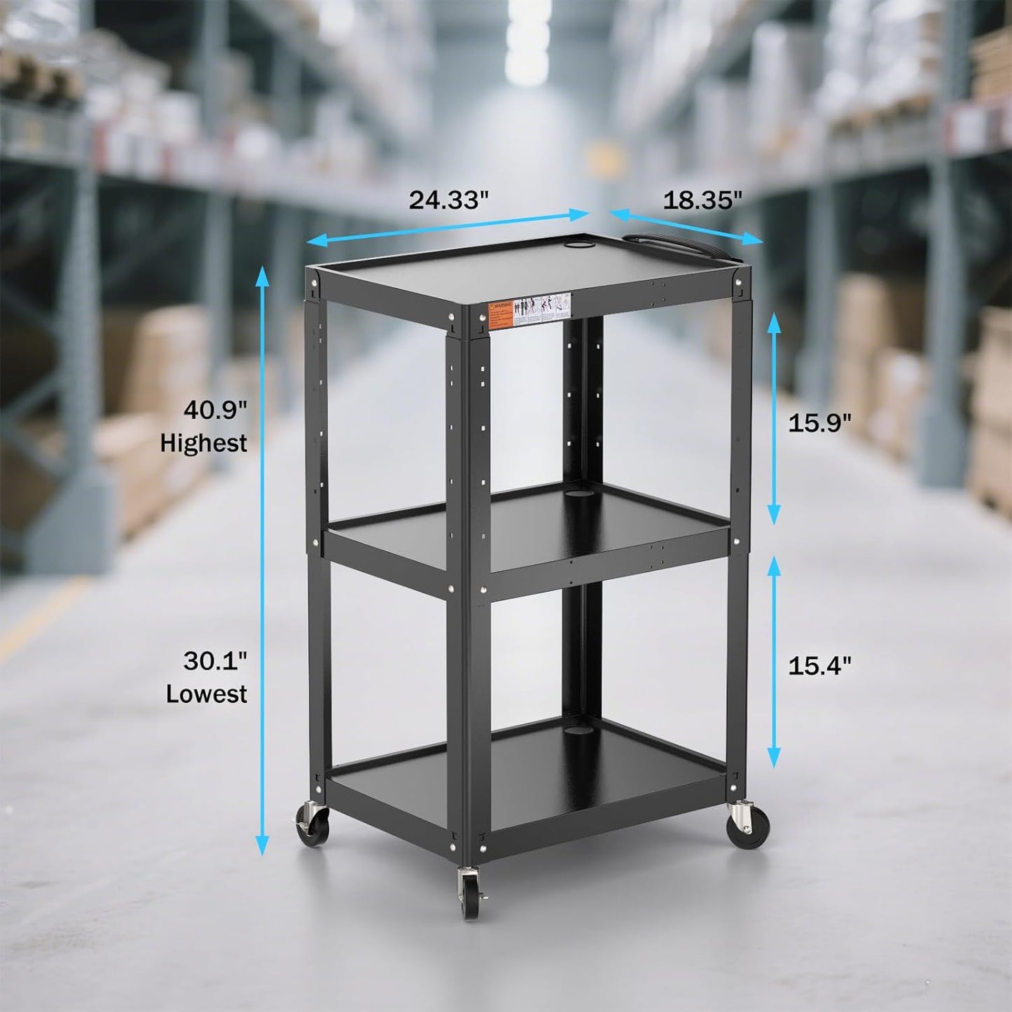 3 Shelf Metal Utility Cart with Wheels & Power Strip - Steel Mobile AV Cart for Video Projector, TV, Laptop, Computers, Printers - Height Adjustable Media Carts for Office Classroom Warehouse