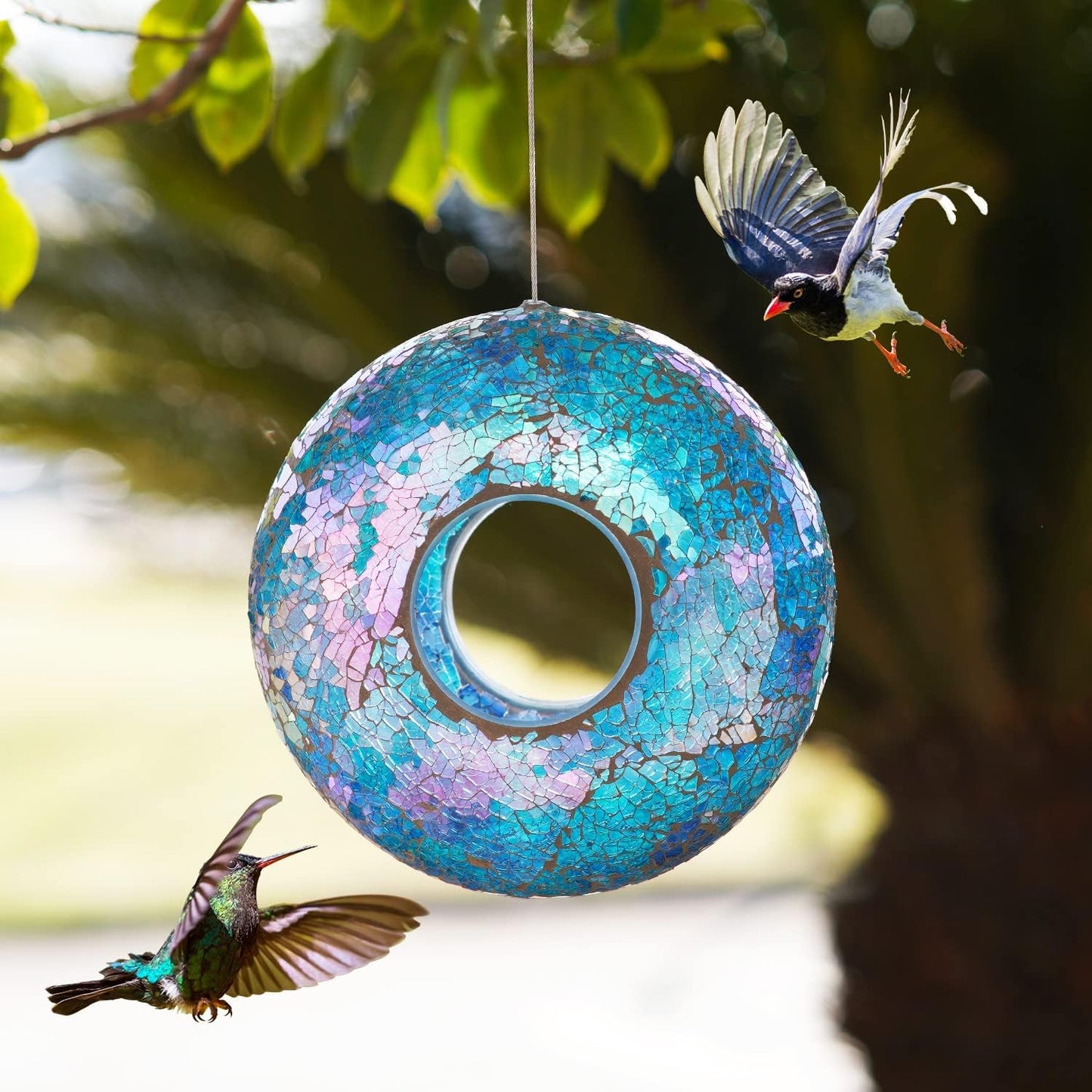 Fly Through Wild Bird Feeder Garden Hanging Bird Feeder Mosaic Circle Squirrel Proof for Outdoor Decoration,Blue