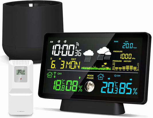 BIUWING Wireless Rain Gauge and Weather Station, Digital Rain Gauge Outdoor Home Weather Stations with Thermometer, Hygrometer, Atomic Clock, Forecast and Barometer, Weather Station with Rain Gauges
