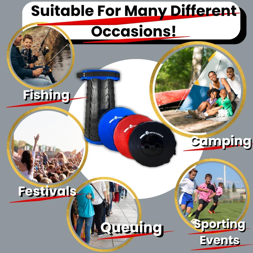 Smith & Barker Upgraded for 2025 Premium Telescopic Folding Stool for Adults and Children Outdoor Indoor Portable Collapsible Foldable Fishing Hiking Camping Festivals Seat (Red)