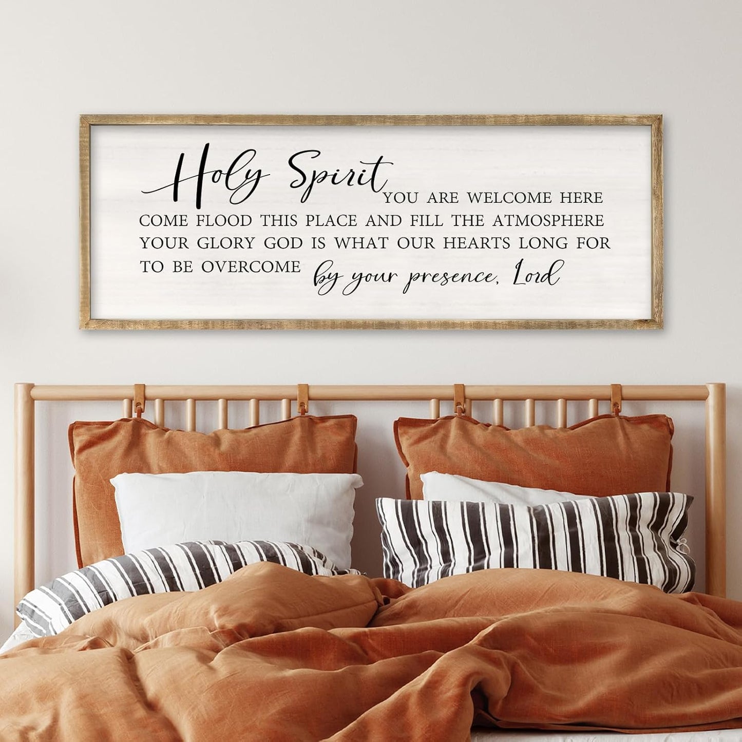 RLWangChao Christian Inspirational Wall Decor Holy Spirit You are Welcome Here Sign 32×12 Inch Bible Verse Plaque Religious Scripture Quote for Living Room Large Wood Framed Wall Hanging (Wood)