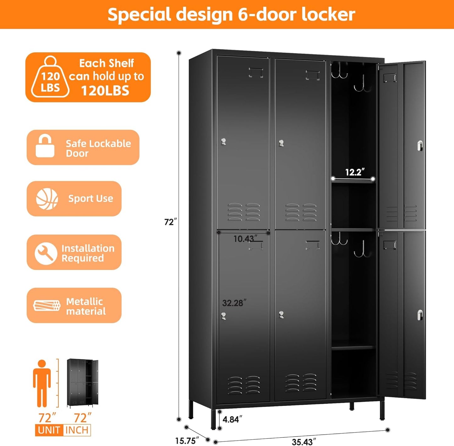 6 Doors Metal Lockers for Employees with 6 Shelves and 18 Hooks, Storage Locker with Business Card Holder for Office Gym School Bedroom, Assembly Required, Black