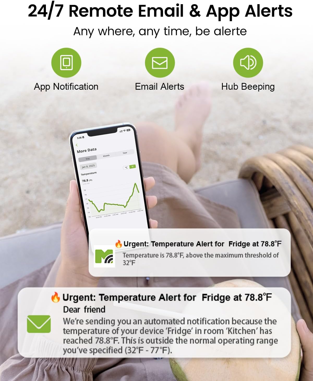 WiFi Remote Thermometer Freezer Alarm, 1/3 Mile Long Range, with IP67 Waterproof Probe, App Email Alert, with Digital Monitor Hub, 2 Smart Temperature Sensors for Hot Tub, Pool, RV, Pet Cage