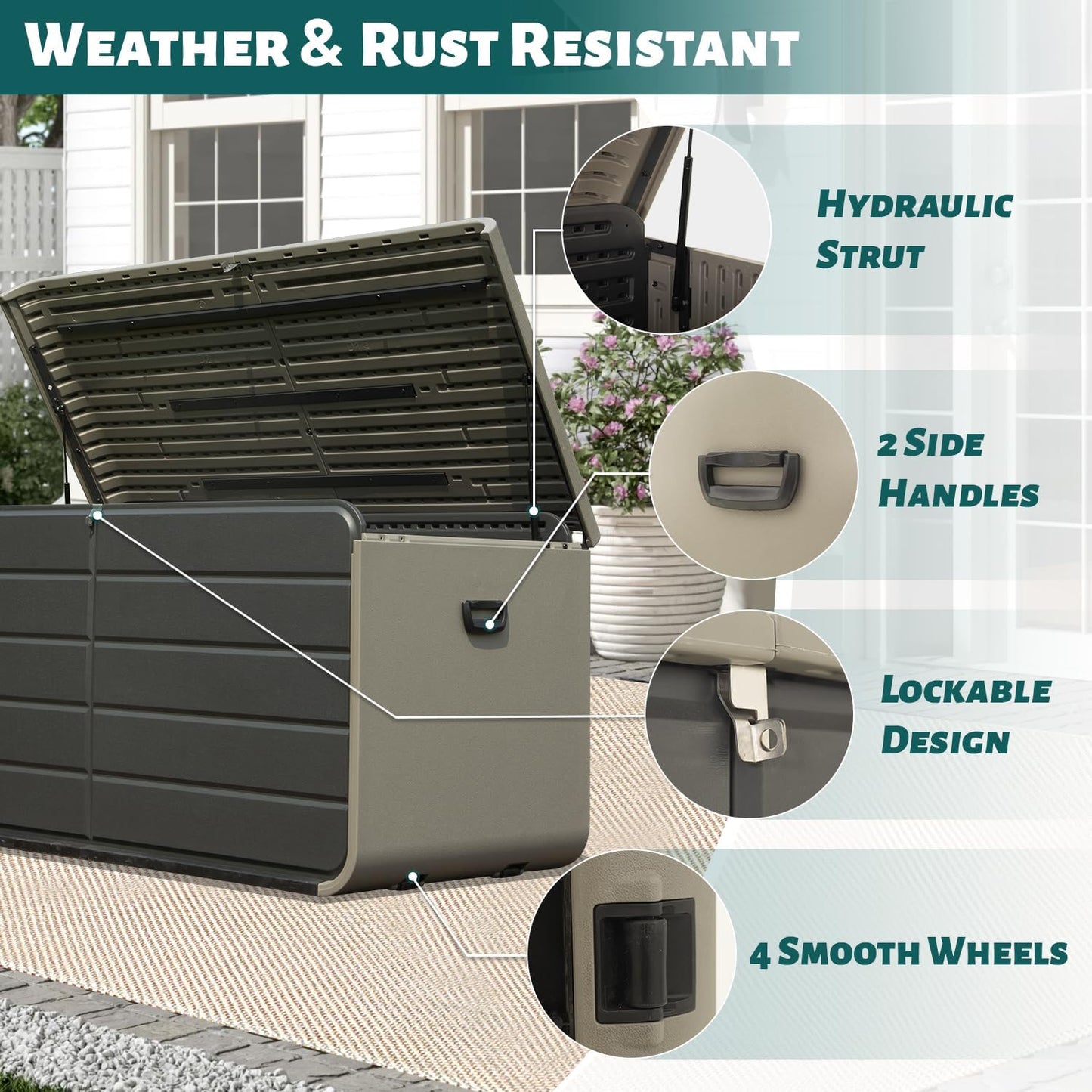 Domi 200 Gallon Outdoor Storage Box – Waterproof, UV-Resistant Deck Box with Lockable Lid for Patio Furniture, Garden Tools, Delivery Packages (Large Resin Storage Bin）