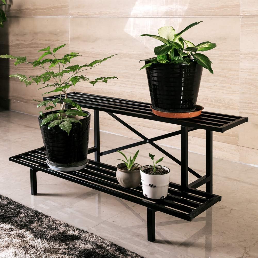 Zhongma 2 Tier Sturdy Metal Plant Stand Heavy Duty Plant Holder for Home Indoor and Outdoor, L35.43 x W17.5 x H14 inch, 440 LBS Capacity & Heavy Duty Construction.