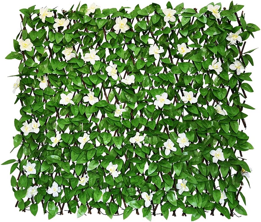 Expandable Fence Privacy Screen for Balcony Patio Outdoor,Decorative Faux Ivy Fencing Panel,Artificial Hedges (Single Sided Leaves) (4, White Flowers)