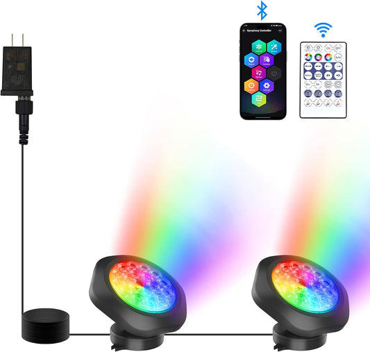 RGB Underwater Pond Lights, Super Bright 18 LED Submersible Fountain Lights Color Changing Spotlights, Bluetooth APP Control IP68 Waterproof for Fish Aquarium Tank Garden Yard Pool(Set of 2)