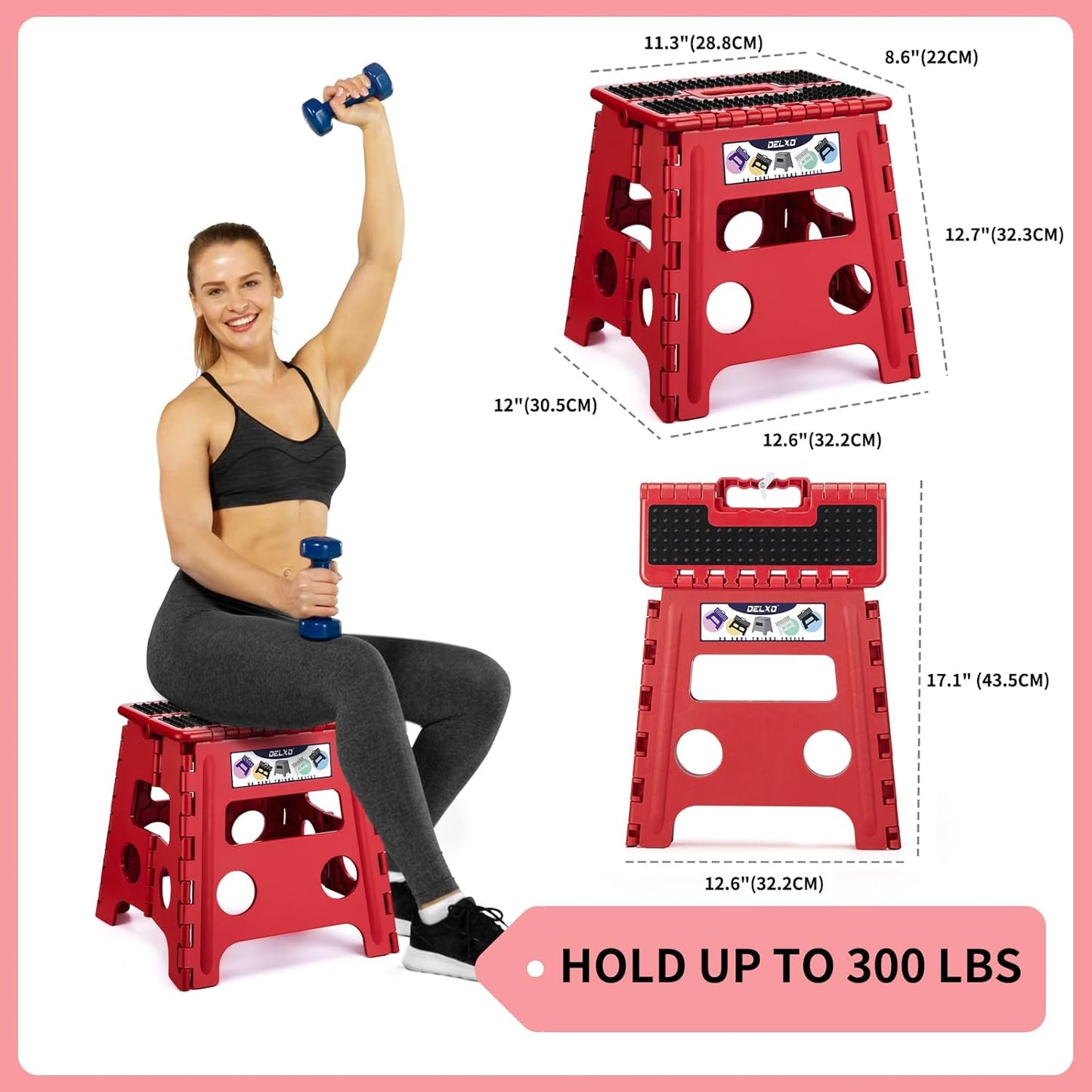 Delxo Folding Step Stool,Non-Slip Stool 13 inch Height Premium Heavy Duty Foldable Stool for Kids and Adults,Kitchen Garden Bathroom Steppingstool 1 Pack in Red,Dotted Texture