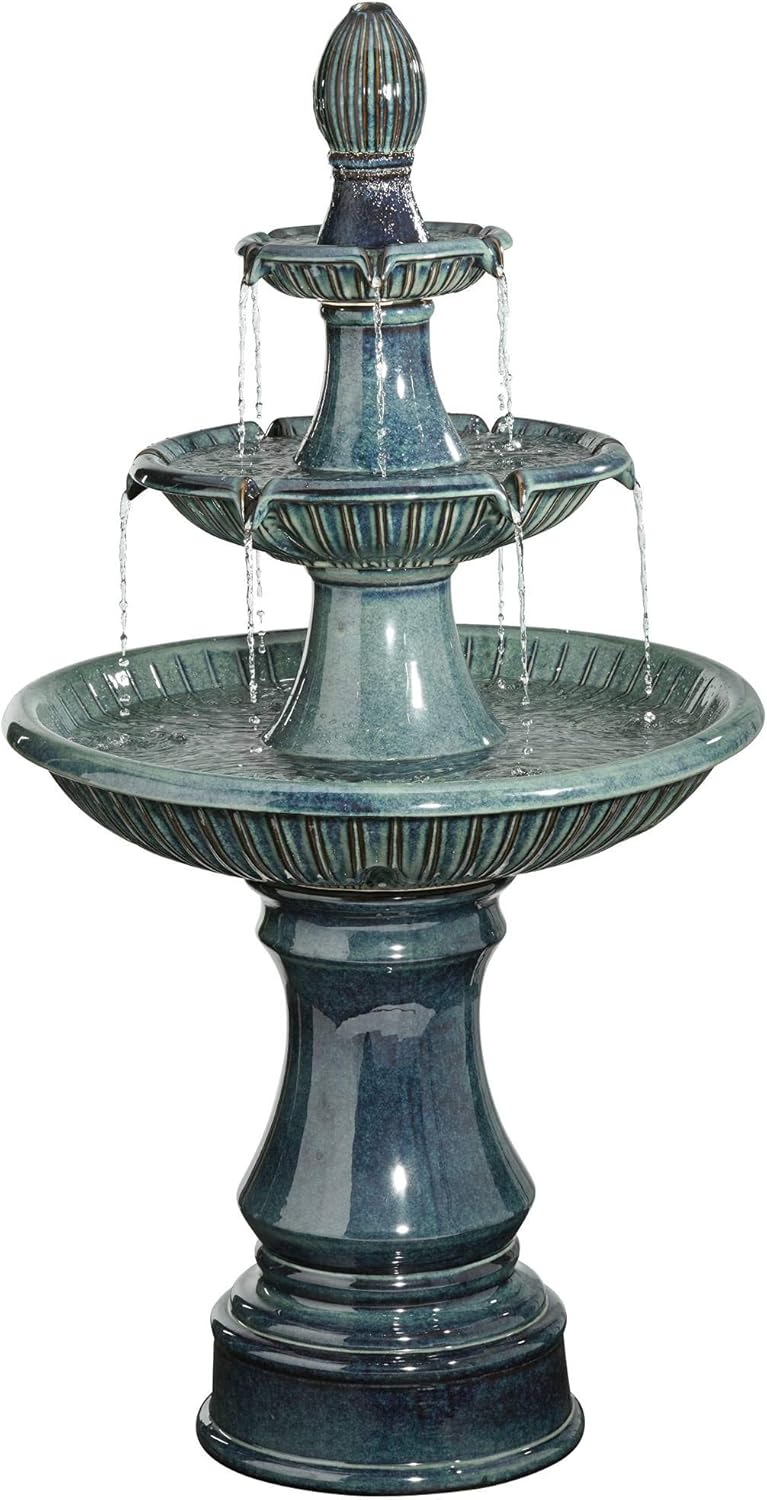 Formentera 46" High Large Italian Indoor Outdoor Decor Teal Blue Ceramic Floor Fountain with Light LED Waterfall 3-Tier Standing Water Feature for Outside Garden Patio Yard Backyard - John Timberland