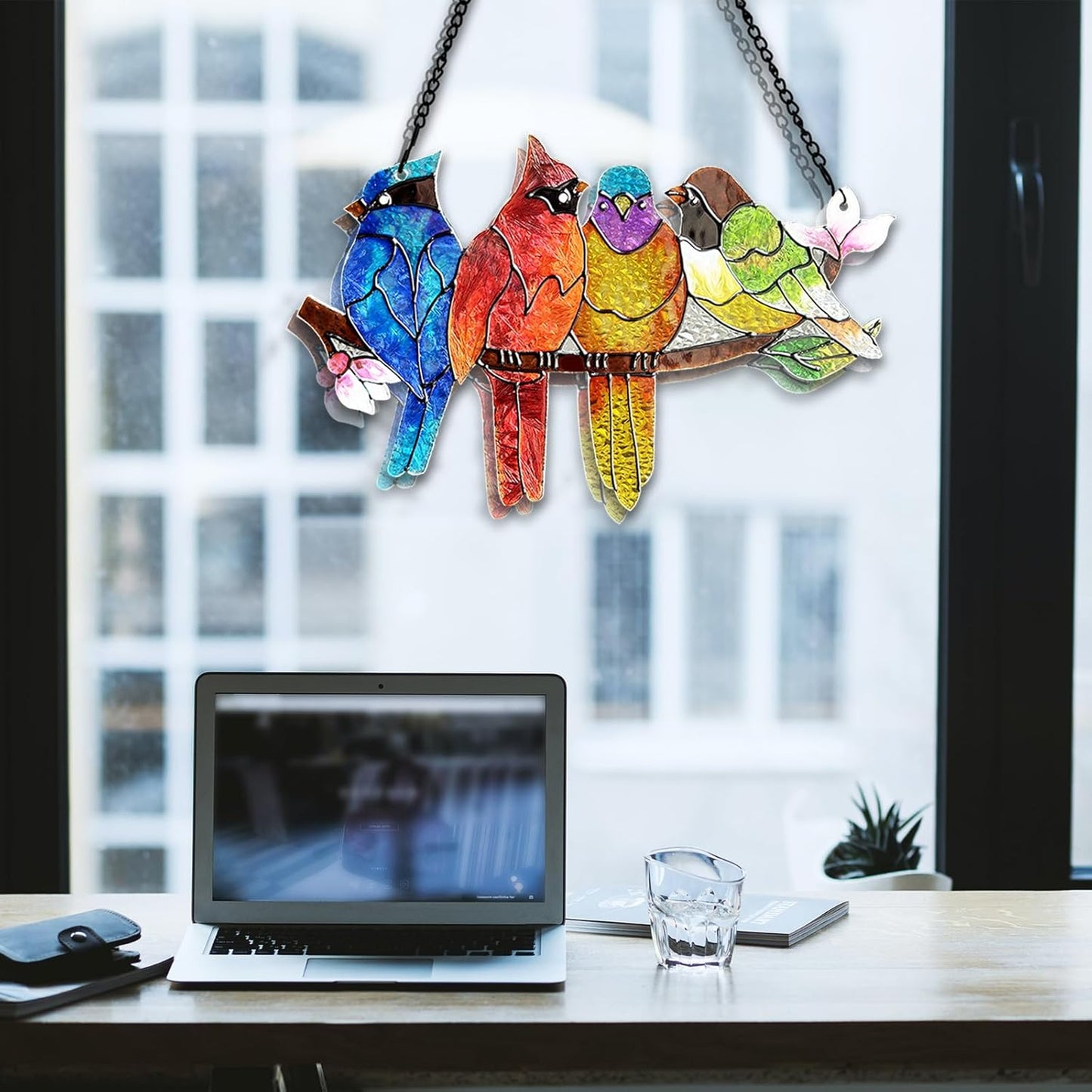 Stained Glass Window Hanging - Birds on A Branch Suncatcher for Window Doors Home Decoration, Valentine's Day Mother's Day Birthday Bird Lover Gifts for Women, Men, and Mom Grandma