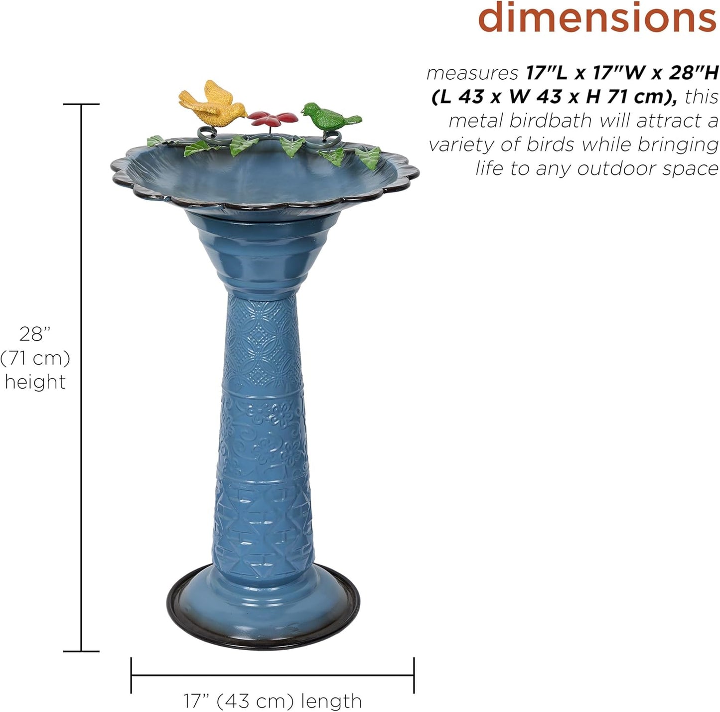 Alpine Corporation ORS112BL Vintage Metal Pedestal Birdbath with Stand, Shallow Bird Bath Bowl for Outside, 28" H, Blue