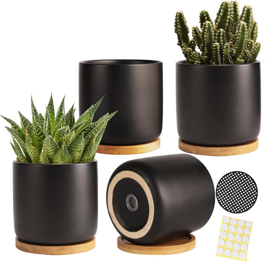 4 Inch Ceramic Plant Pots with Drainage Holes and Trays, Adorable Small Cylinder Flower Planter Pot for Indoor Plants, Succulent, Snake Plants, Cactus & Herbs, Black, Set of 4