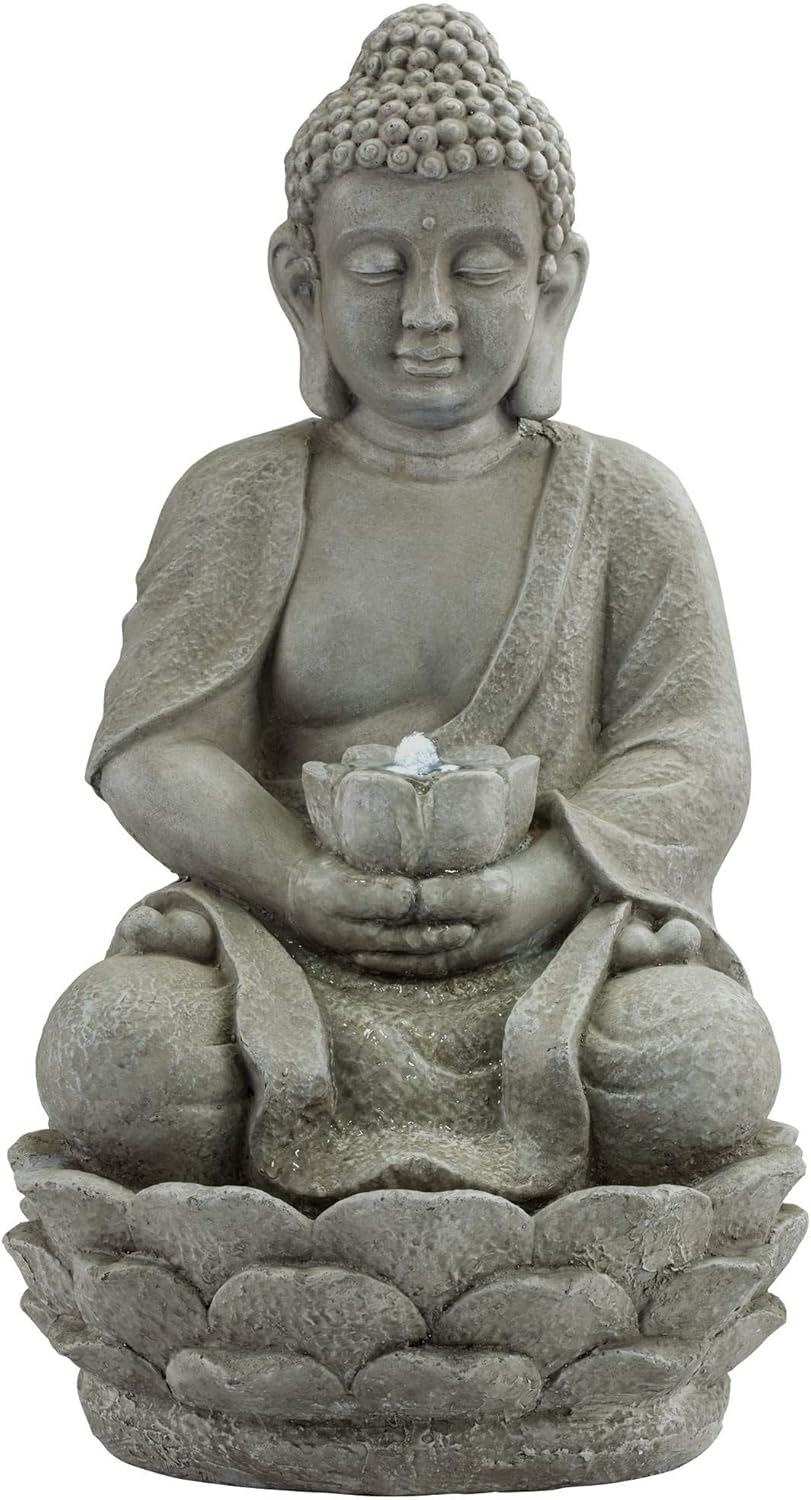 Sitting Buddha 22" High Small Zen Asian Indoor Outdoor Decor Faux Stone Tabletop Fountain with Light LED Water Feature for Outside Garden Patio Yard Desk Backyard Porch Deck - John Timberland