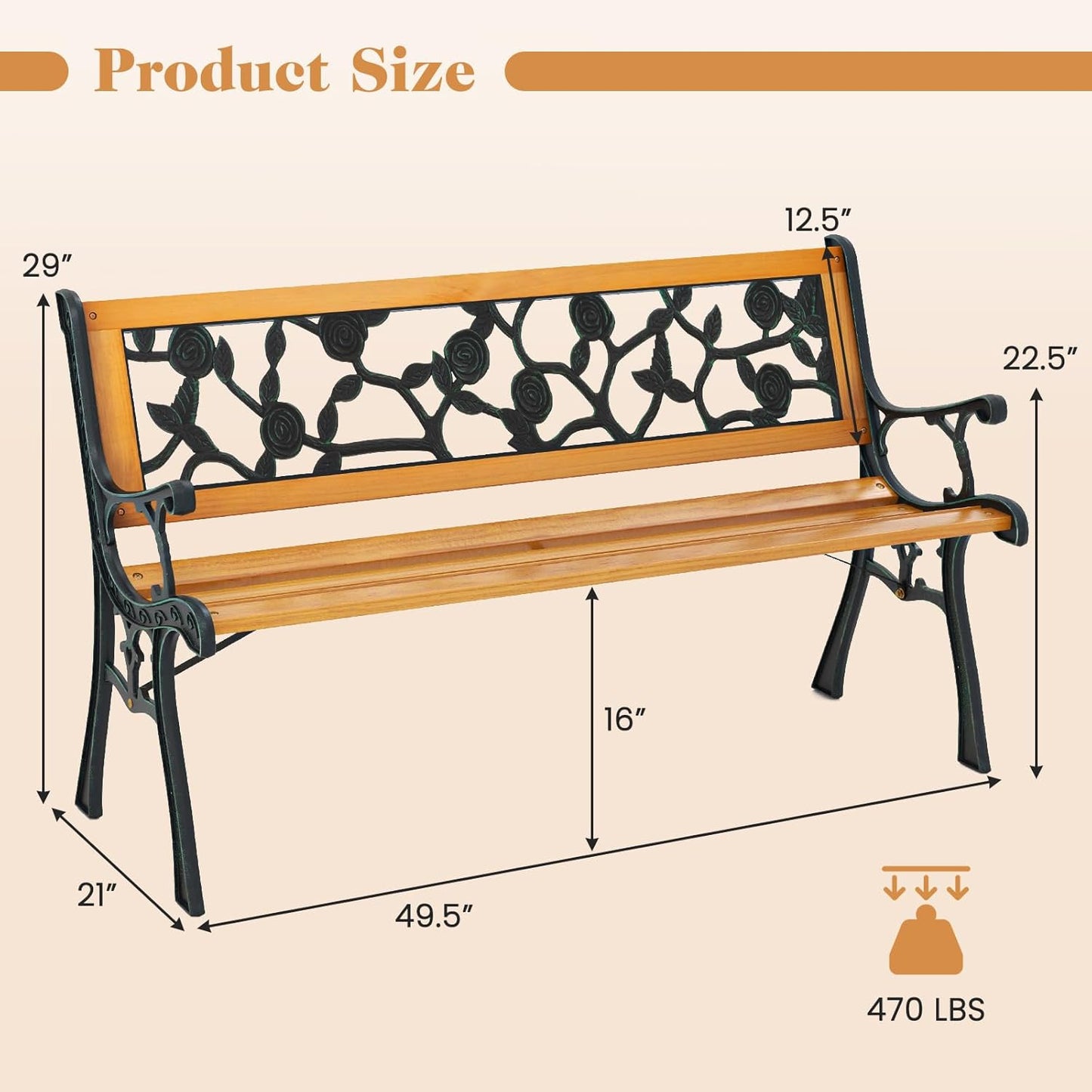 Giantex 49.5" 3-Person Outdoor Bench with Floral Pattern Backrest, Slatted Seat, 470 Lbs Weight Capacity, Curved Armrests, Cast Iron Metal Bench for Park, Outside, Patio, Porch, Yard, Garden
