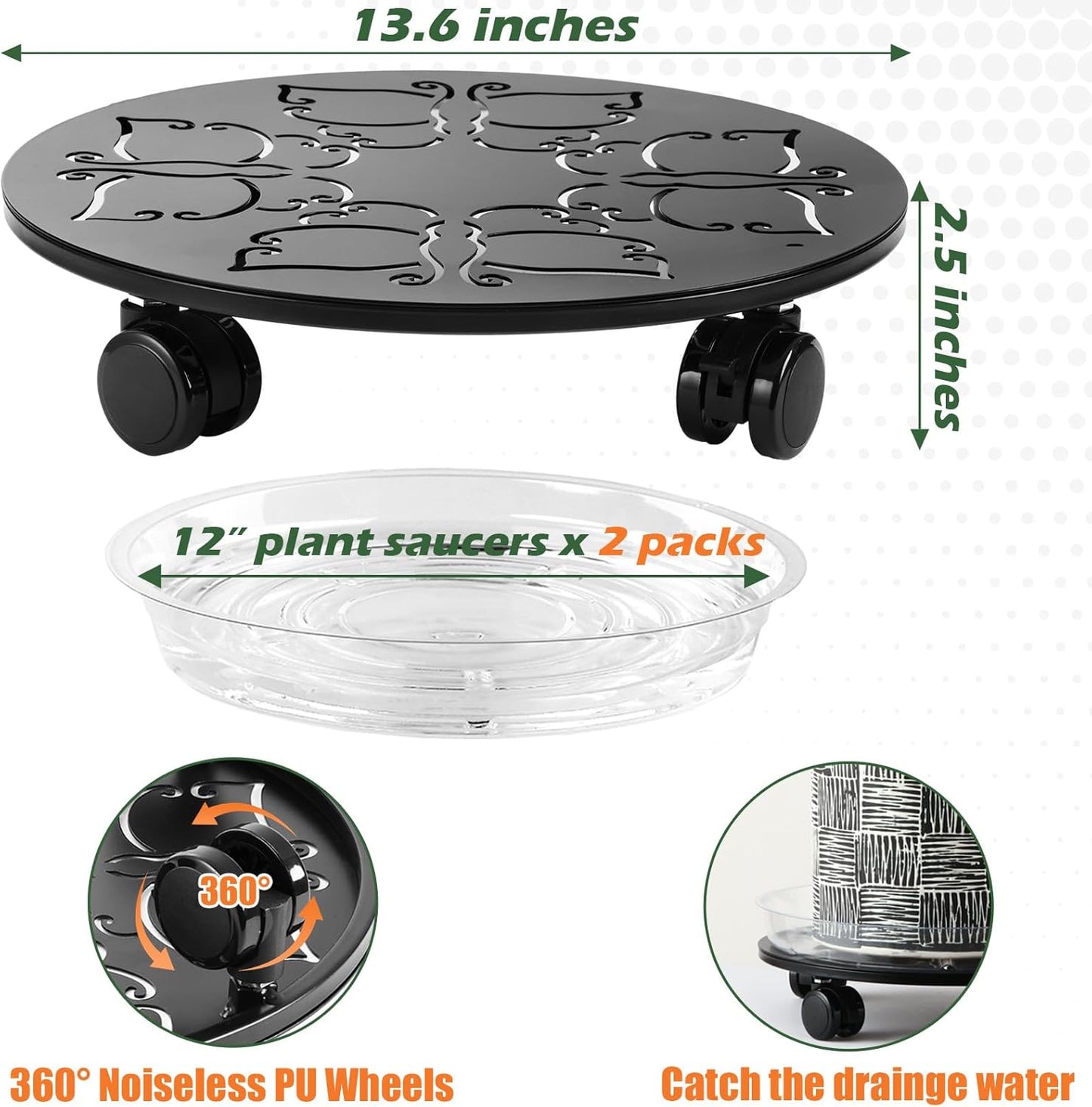 2 Packs 14 inches Large Metal Plant Caddy with Wheels Round Planter Dolly Pot Mover Rollers Wrought Iron Rolling Plant Stands Indoor Outdoor Wheeled Plant Holder Coaster Trolley, Butterfly, Black