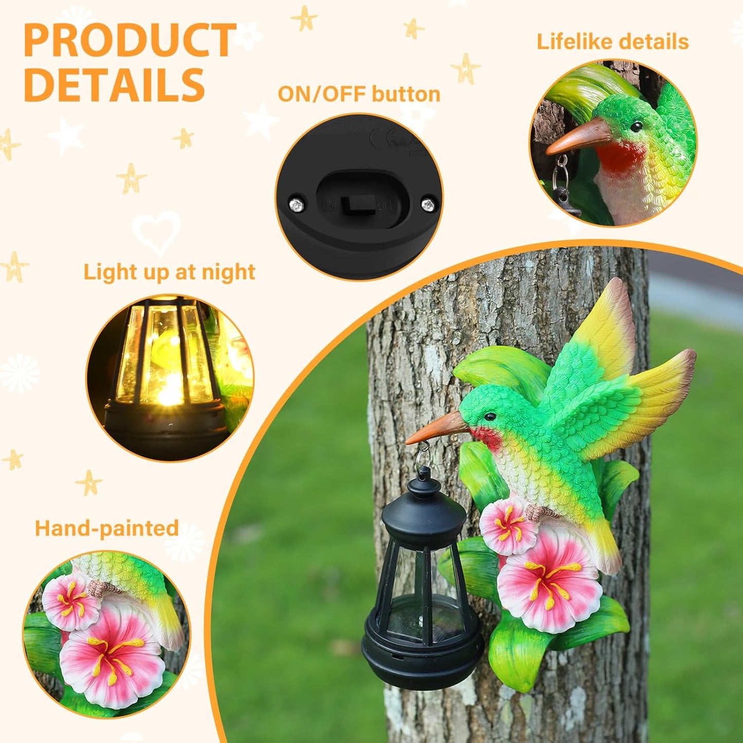 Solar Garden Outdoor Decor Hummingbird Statues, Hummingbird Solar Lights Garden Decor for Outside Yard Tree Wall Gate Balcony, Unique Gifts for Women Mom