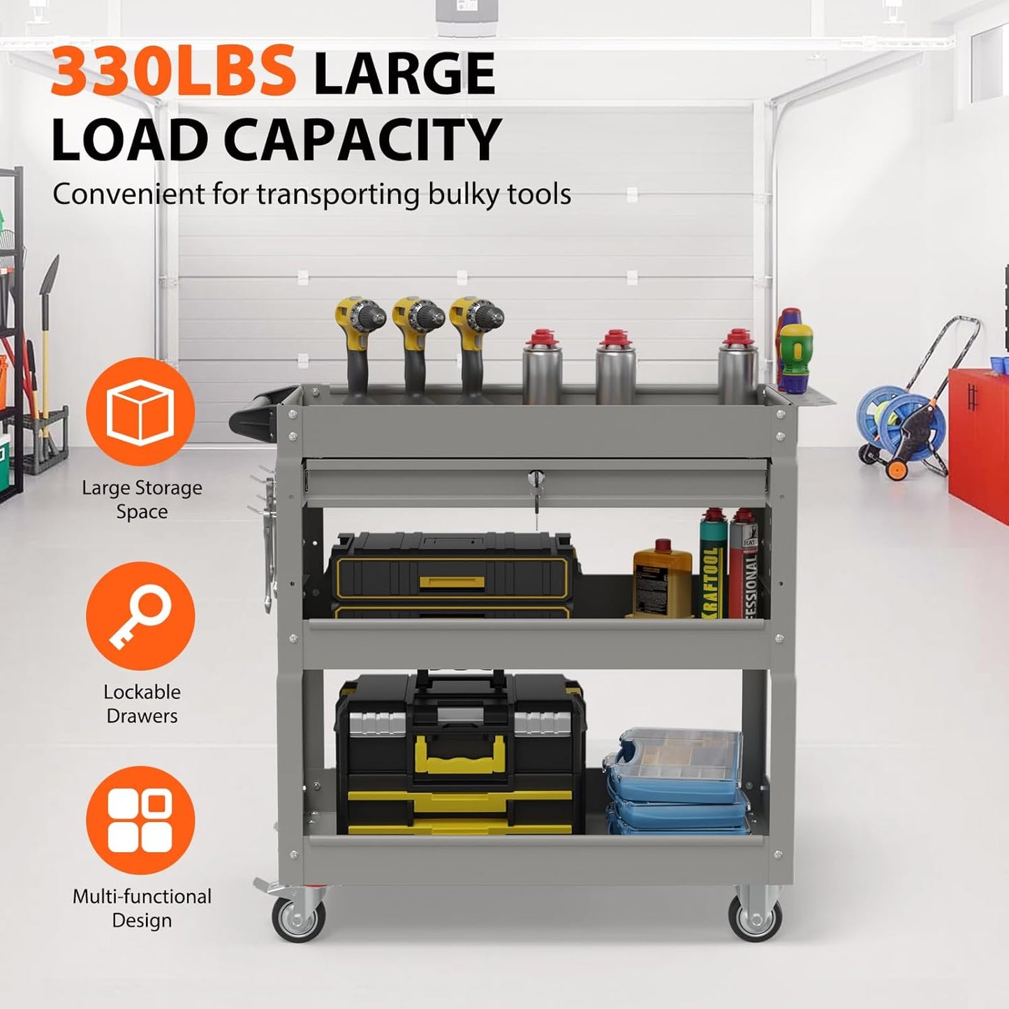 3-Tier Heavy Duty Utility Cart on Wheels, Rolling Tool Cart on Wheels with a Drawer, 350 Lbs Load Capacity Service Cart for Warehous, Garage and Repair Shop (Grey)