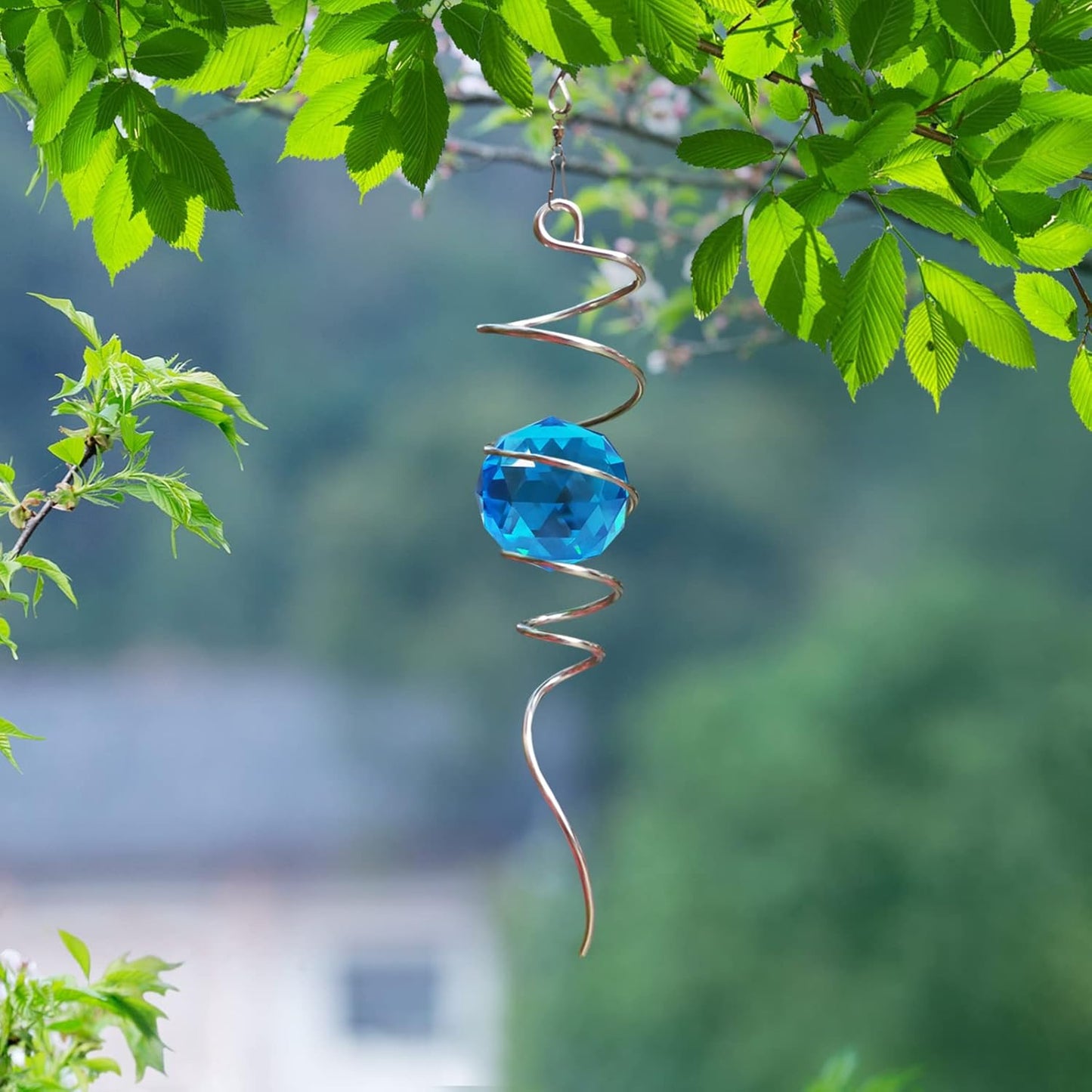 Fonmy Gazing Ball Spiral Tail -Decorative Wind Spinner Sun Catcher Rainbow Maker 11 inch Tail and 2 inch Peacock Blue Crystal Orb. Indoor Outdoor Garden Decoration -13 inch Height