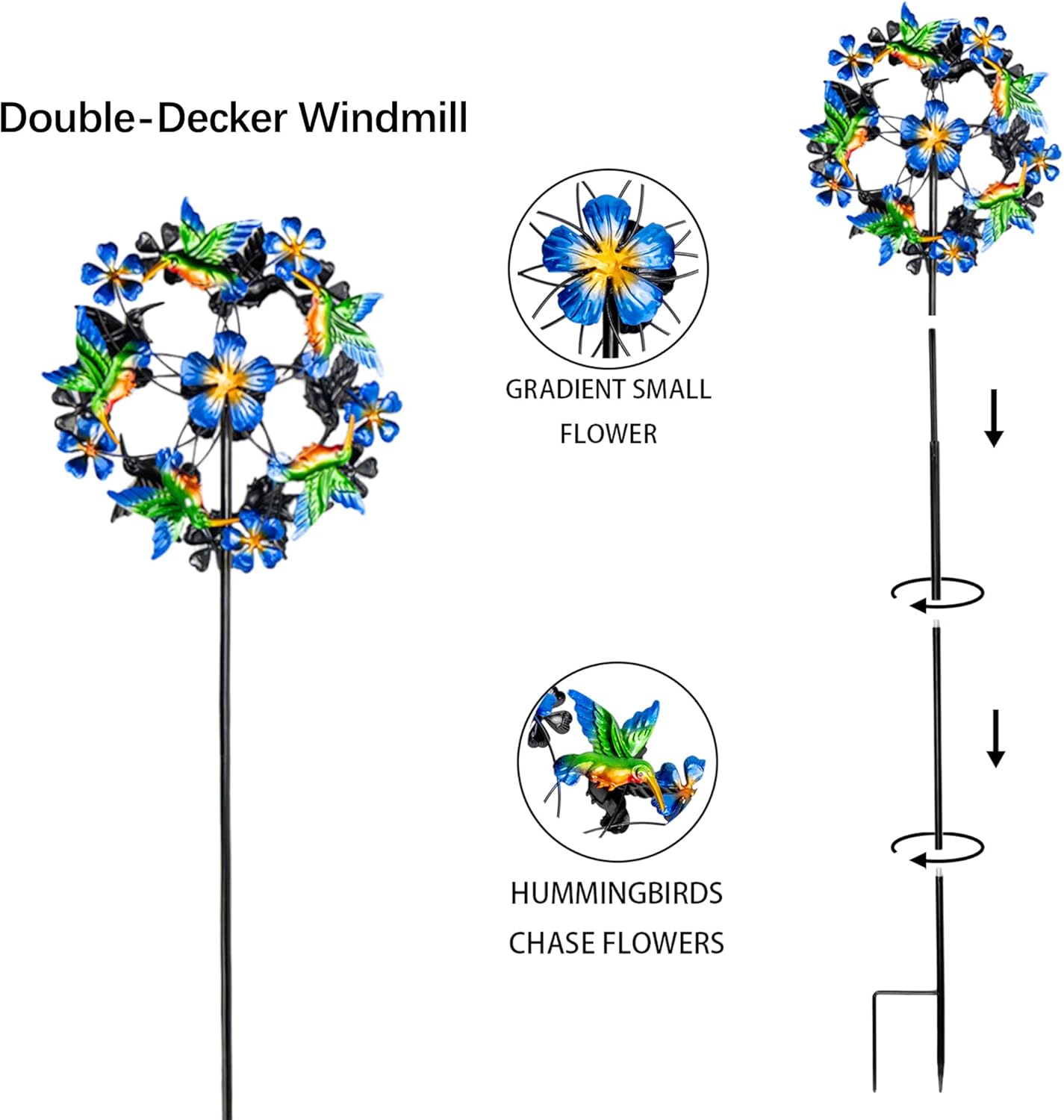 Double Blade Hummingbird Swivel Wind Spinners, Outdoor Garden Spinners 38inch Garden Stakes Decor, Metal Pinwheels for Yard and Lawn