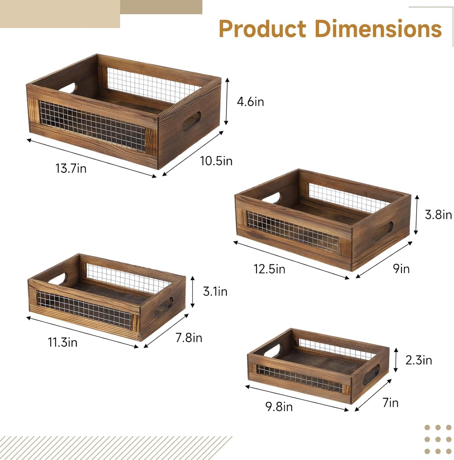 4 Pcs Wooden Nesting Countertop Baskets, 4-Size Rustic Storage Boxes, Wood Wire Containers with Handles, Multipurpose Decorative Organizer Crates for Fruits, Veggies, Kitchen, Pantry