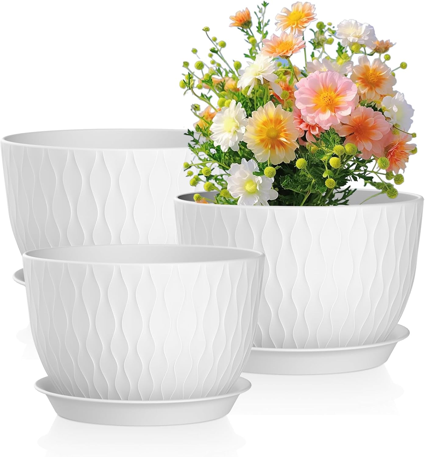 12/10/9 inch Large Plant Pots, 3 Pack Wide Flower Pots for Outdoor Indoor Plants with Water Ripples, Big Plastic Planters with Drainage Holes and Saucers for Garden House Plants, White