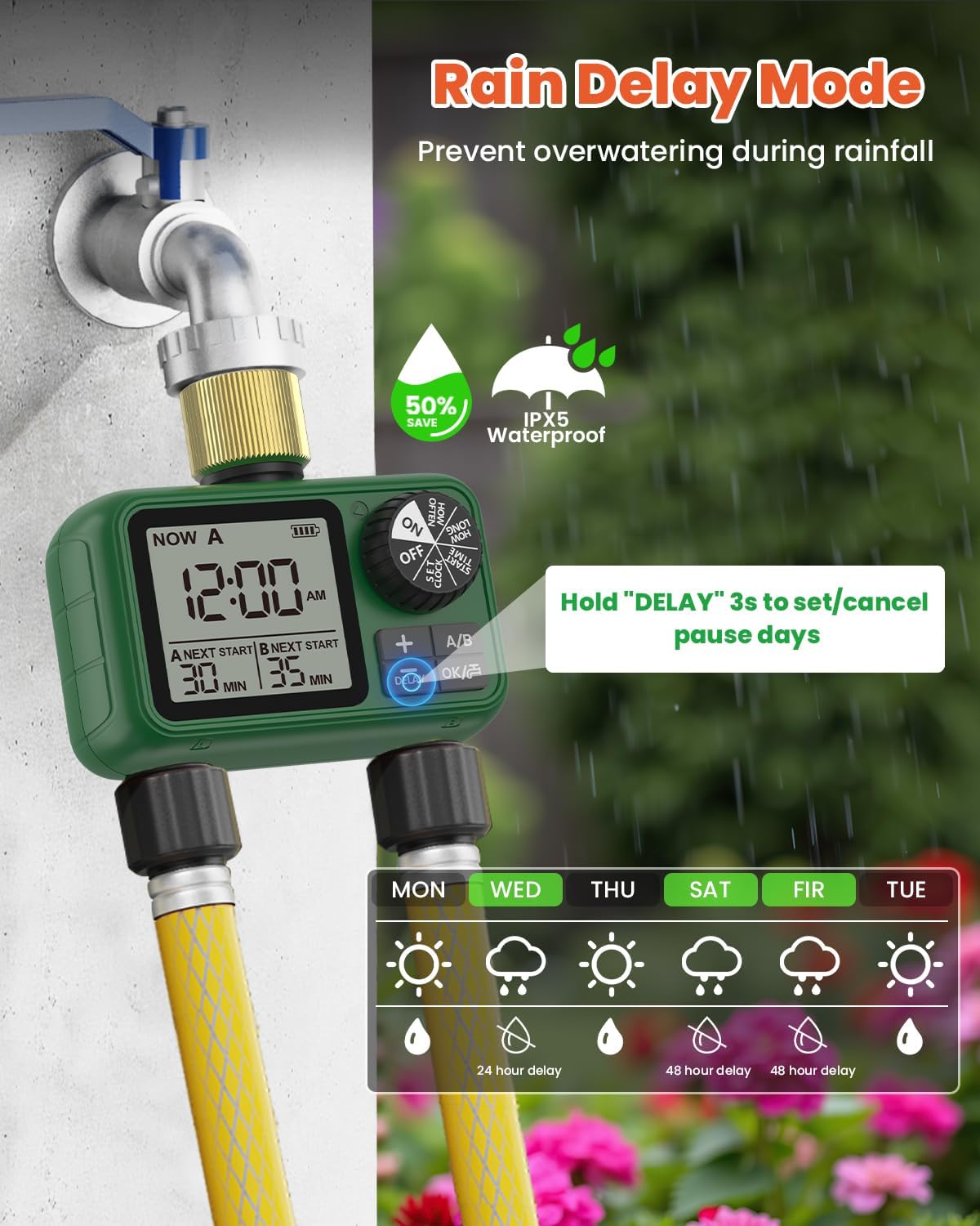 2 Outlet Sprinkler Timer Brass, XinFuture Programmable Water Sprinkler Controller for Yard, Lawn & Greenhouse, Automatic/Manual/Rain Delay Mode, Compatible with Drip Irrigation Systems